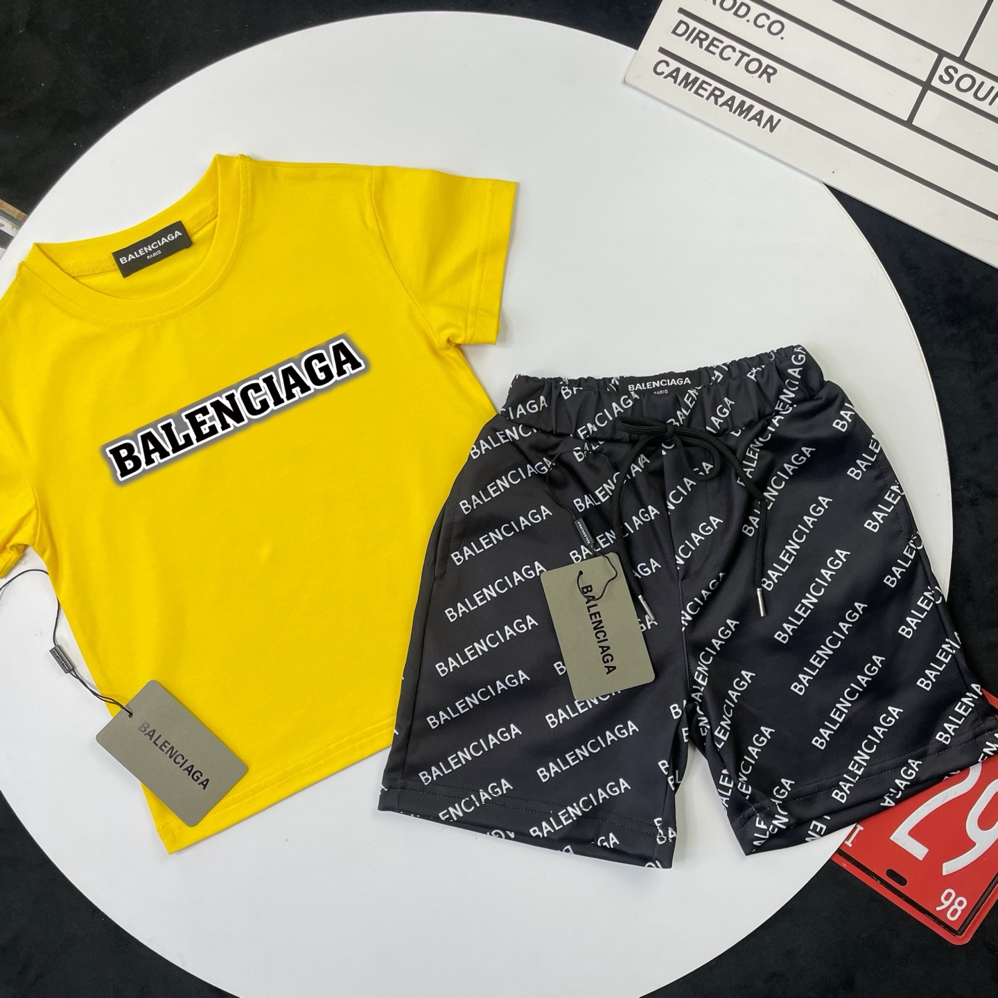Balenciaga Unisex Kids Bright Yellow Black Border Logo Short Sleeve T-Shirt & Black All Over Letter Print Casual Shorts 2 Piece Set Boys Girls Sizes 90-150