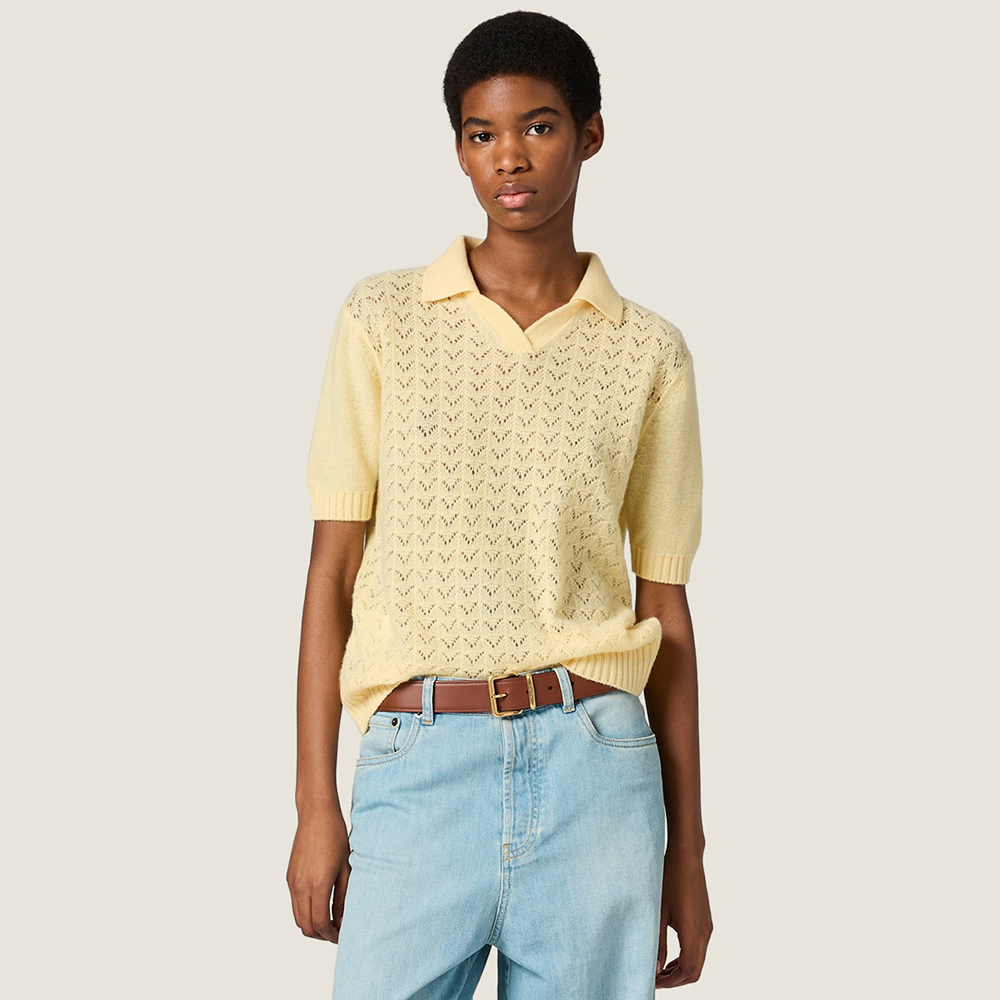 MiuMiu Cream Lace-effect Cashmere Polo Shirt #380043