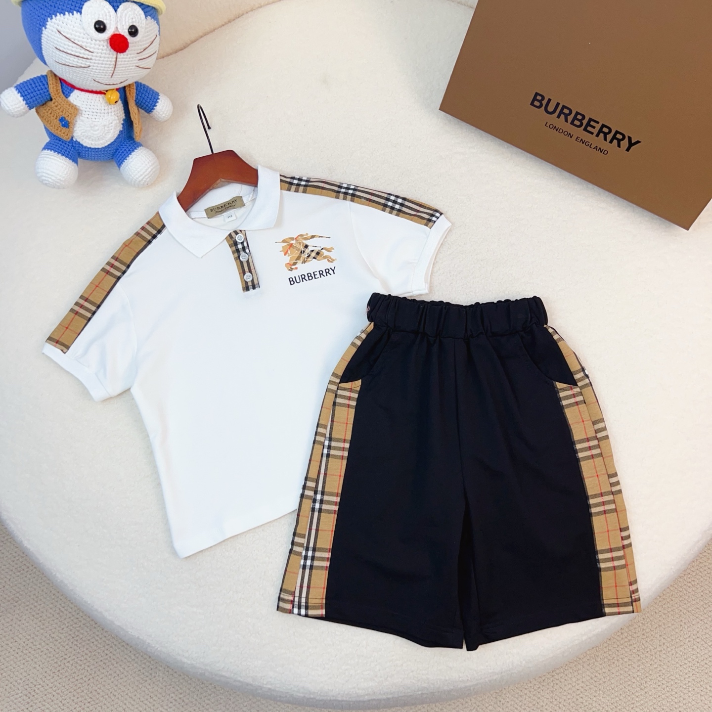 Burberry Unisex Kids White Check Panel Equestrian Logo Polo Top & Black Side Plaid Shorts 2 Piece Cotton Sibling Set Boys Girls Sizes 100-160