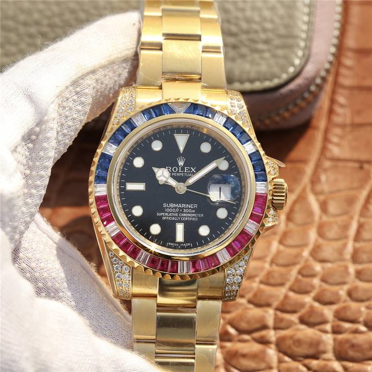 Rolex SUBMARINER GOLDEN BLUE / RED DIAMOND BLACK DIAL 40MM