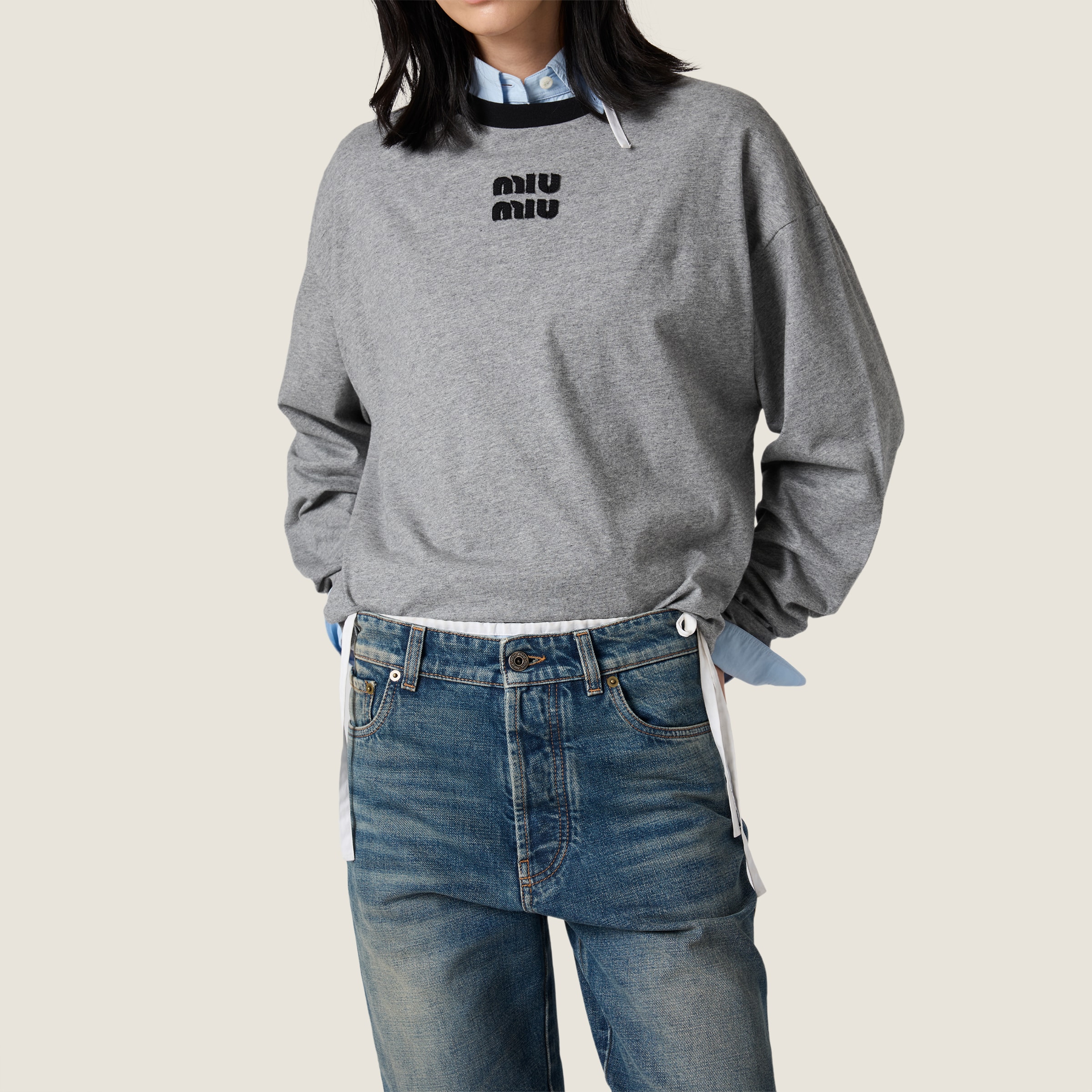 Designer black Clothing MiuMiu Gray black Long-sleeved Cotton Jersey T-shirt #395441 View 2 | Nigo Office