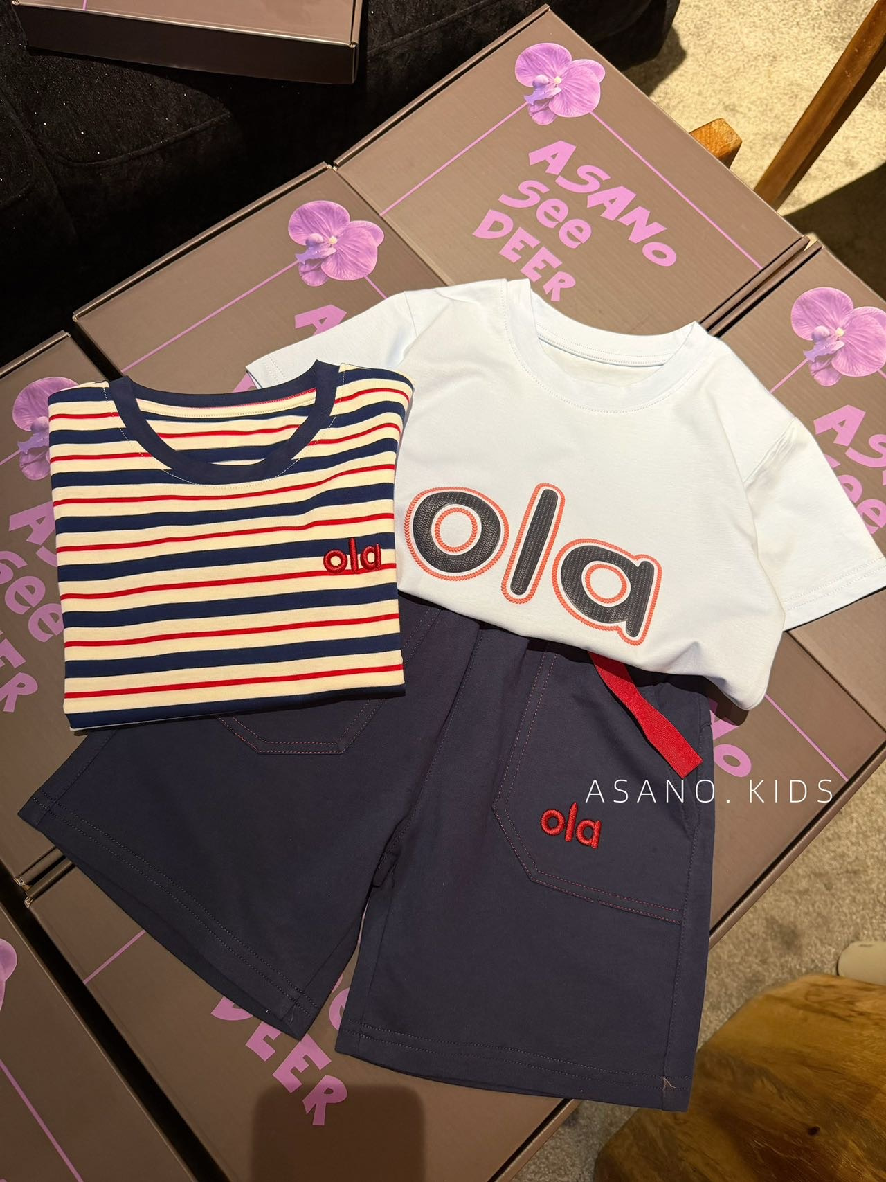 Alo ASANO KIDS Sibling Matching 3-Piece Gift Box Set Boys Girls OLA Embroidered Stripe Short Sleeve Top & Shorts Skort Summer Outfit Sizes 110-170