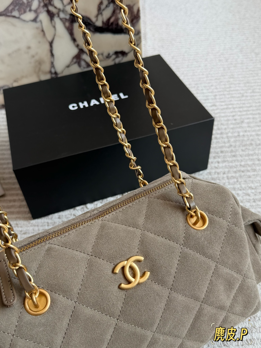 Chanel Taupe Suede Quilted Camera Bag with Gold-Tone Hardware (Replica)
