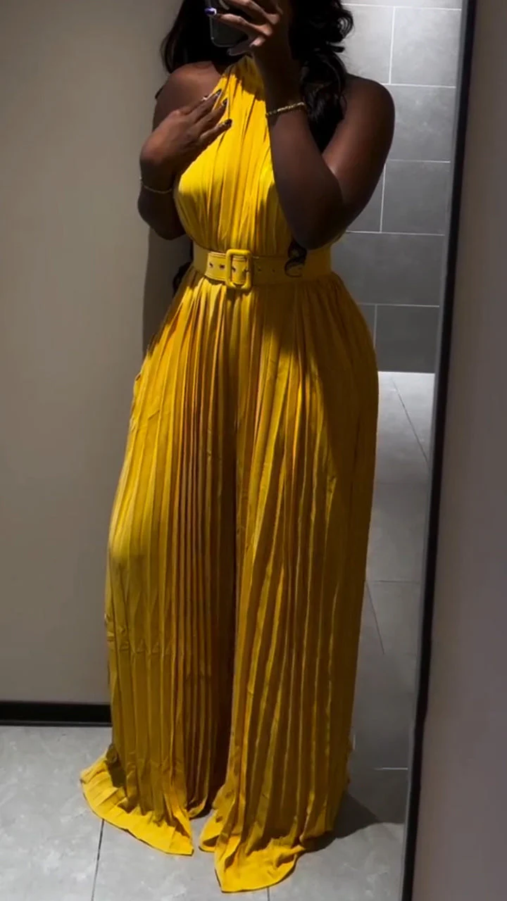 Women Round Neck Sleeveless Waist Cinched Pleated Long Wide Leg Jumpsuit