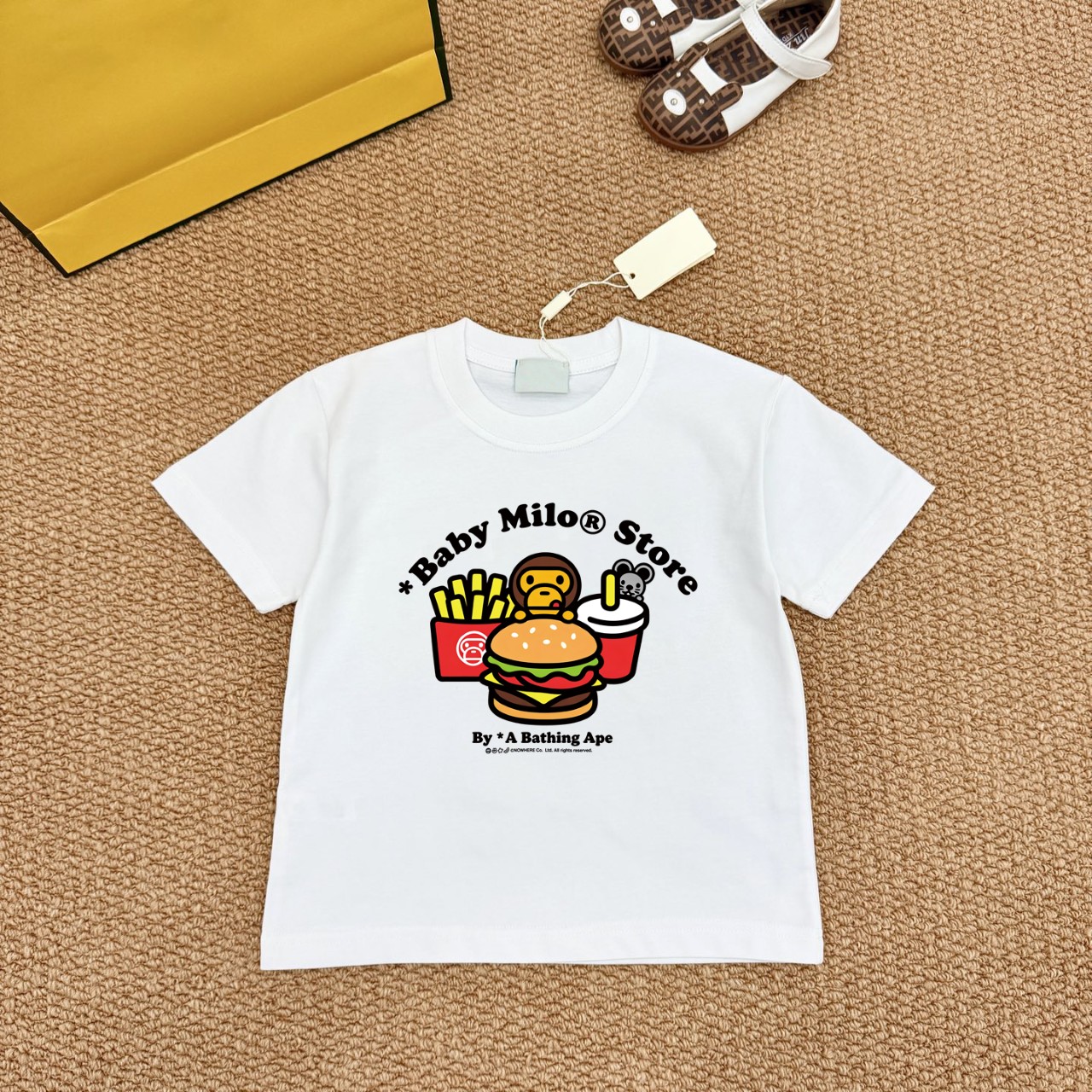 Bape Unisex Kids Red Pink White Black Gray Baby Milo Burger Fries Drink Graphic Short Sleeve T-Shirt Boys Girls Sizes 90-150