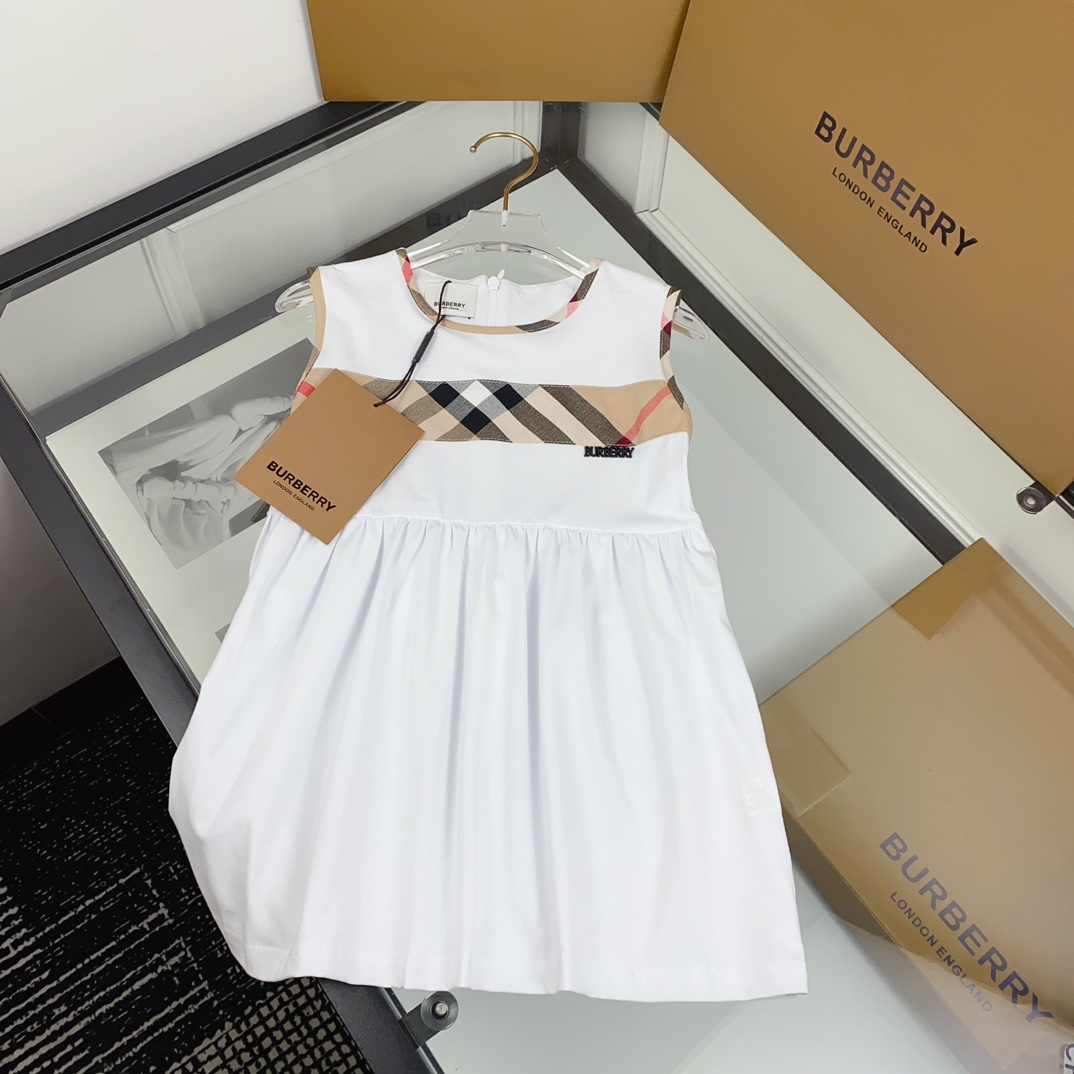 Burberry Baby Girls White Vintage Plaid Spliced Sleeveless A-Line Tank Dress Toddler Kids Sizes 90-130
