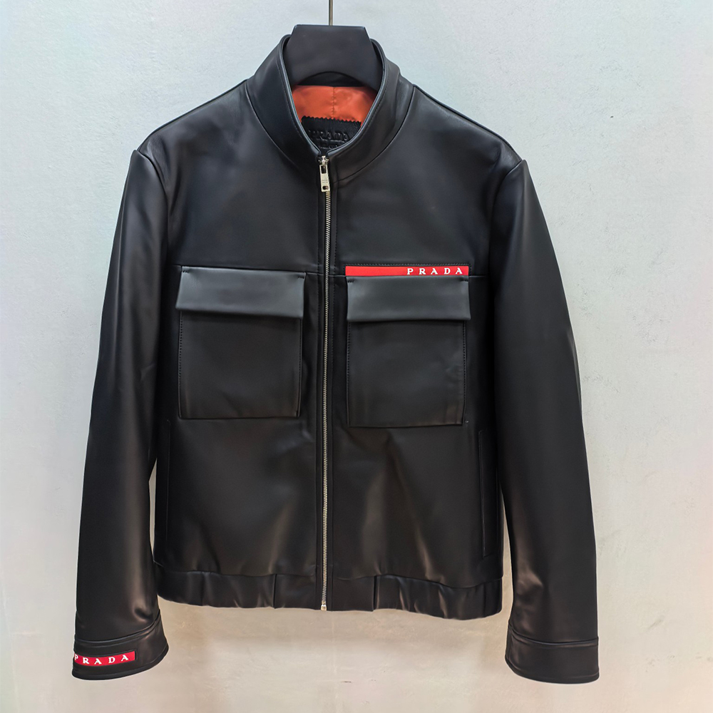 Prada Red Stripe Logo Genuine Leather Jacket Coat #383350