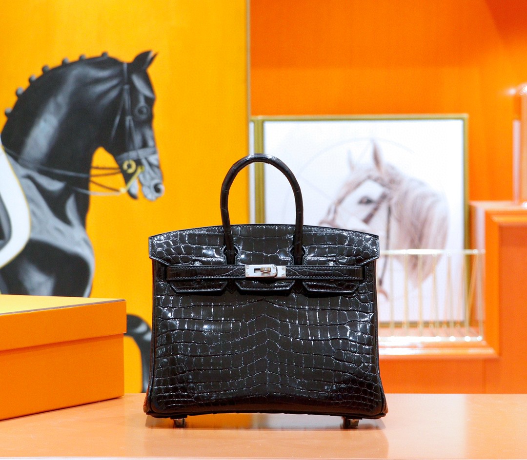 Hermes Birkin platinum bag, black color, glossy crocodile skin, silver buckle, 25-30cm long