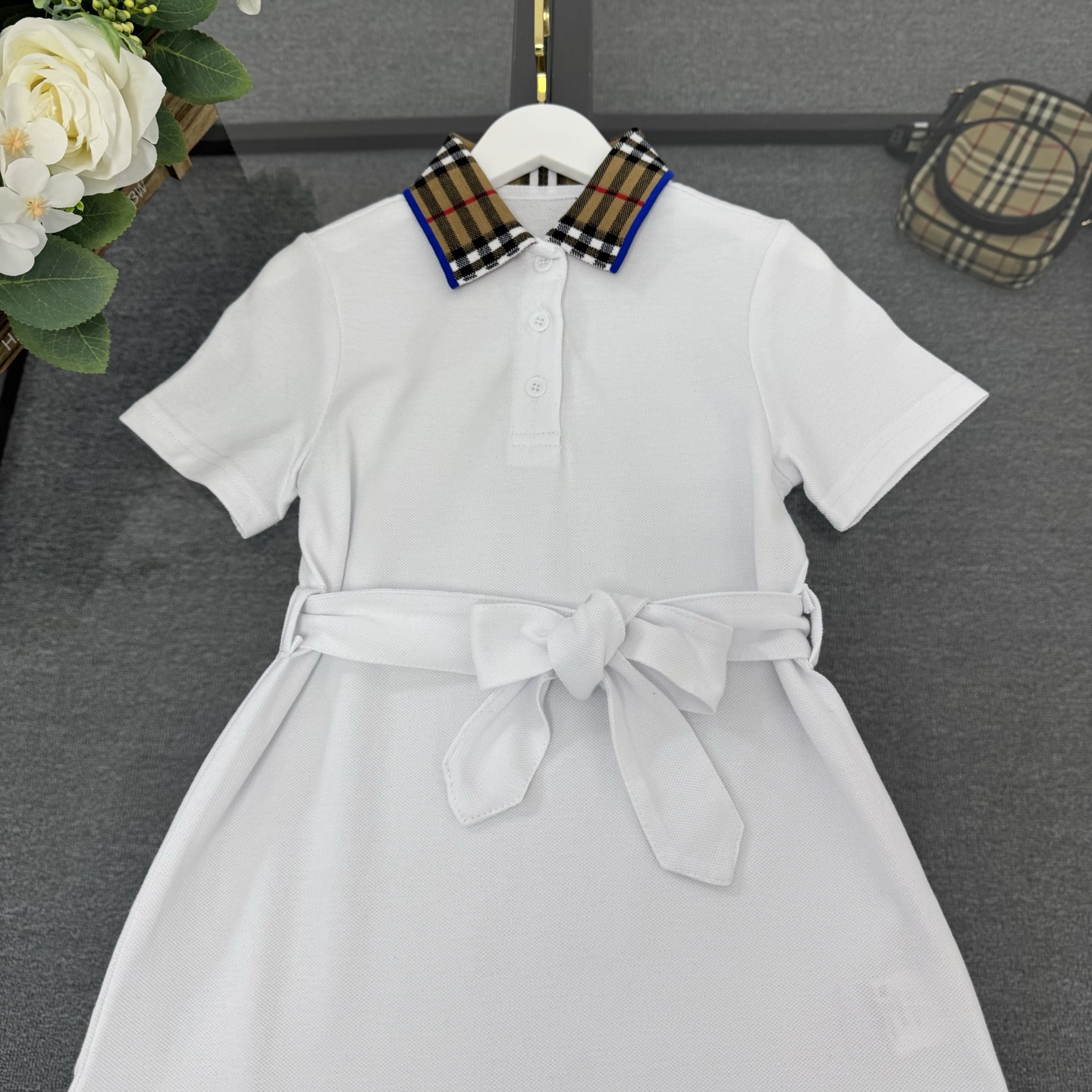 Burberry Girls Vintage Check Collar Belted Short Sleeve Cotton Polo Dress Kids Sizes 100-150 White