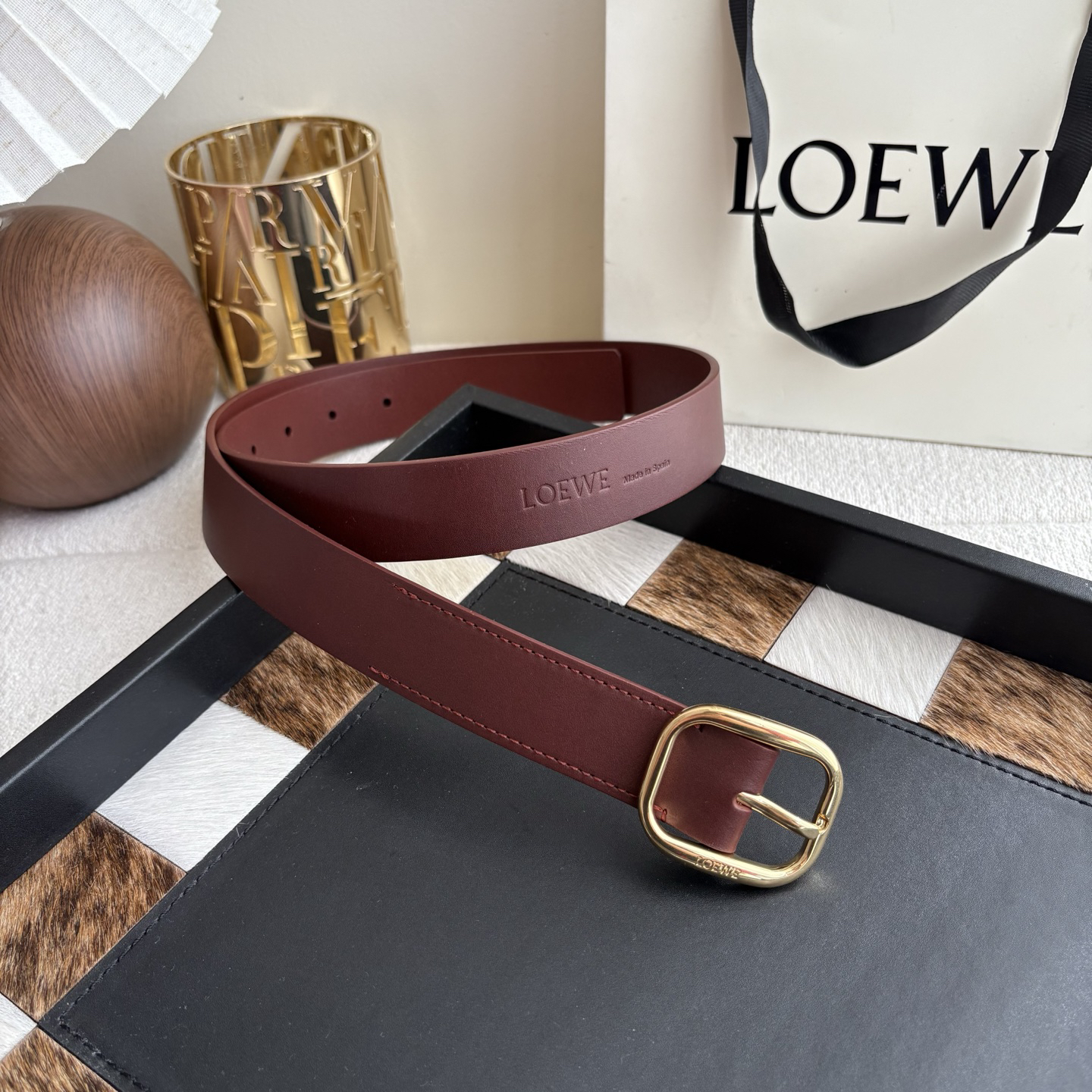 [TOP] LOEWE Pebble Leather Belt 3.2cm - Wine Red - 711 Luxury