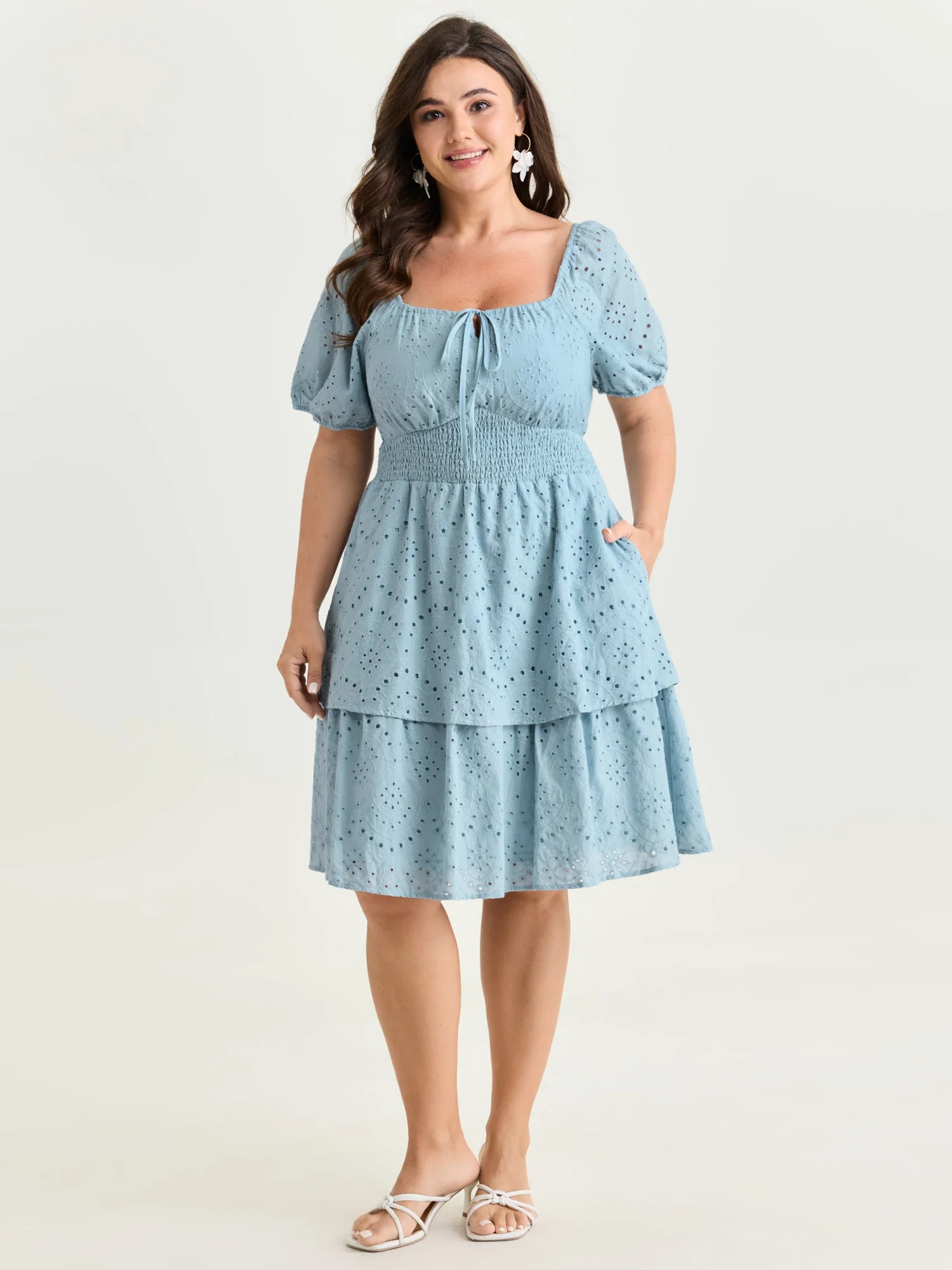 Eyelet Embroidered Cinched Waist Mini Dress