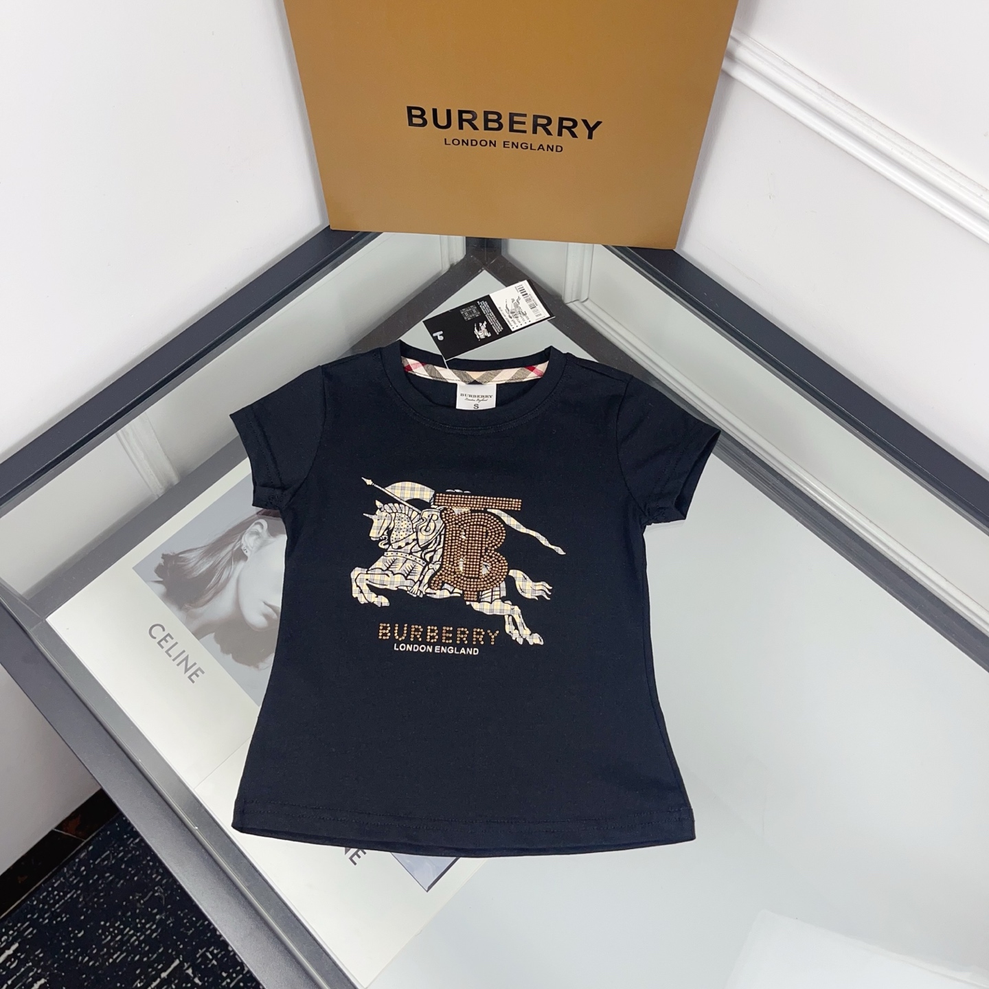 Burberry Unisex Kids Hot Fix Rhinestone Equestrian Knight Print Crew Neck Cotton Short Sleeve T-Shirt Boys Girls Sizes 90-130