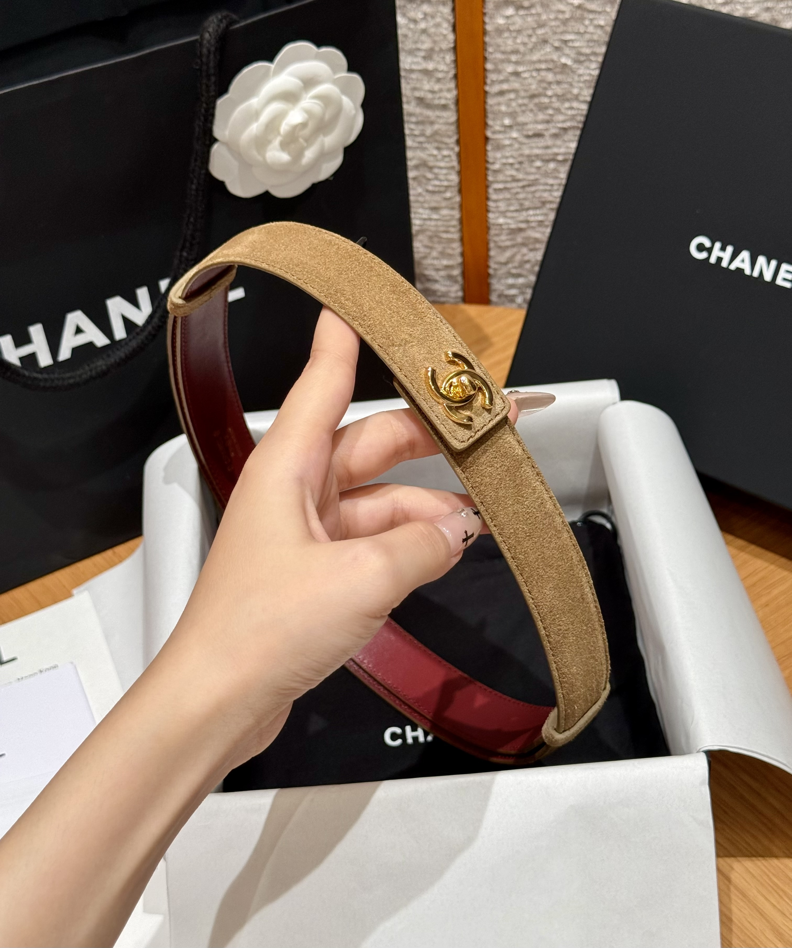 Chanel beige Belt CHANEL Leather Belt Suede Calfskin Metal Dark Beige Gold #395514 View 2 | Nigo Office