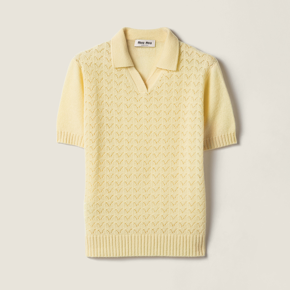 MiuMiu Cream Lace-effect Cashmere Polo Shirt #380043