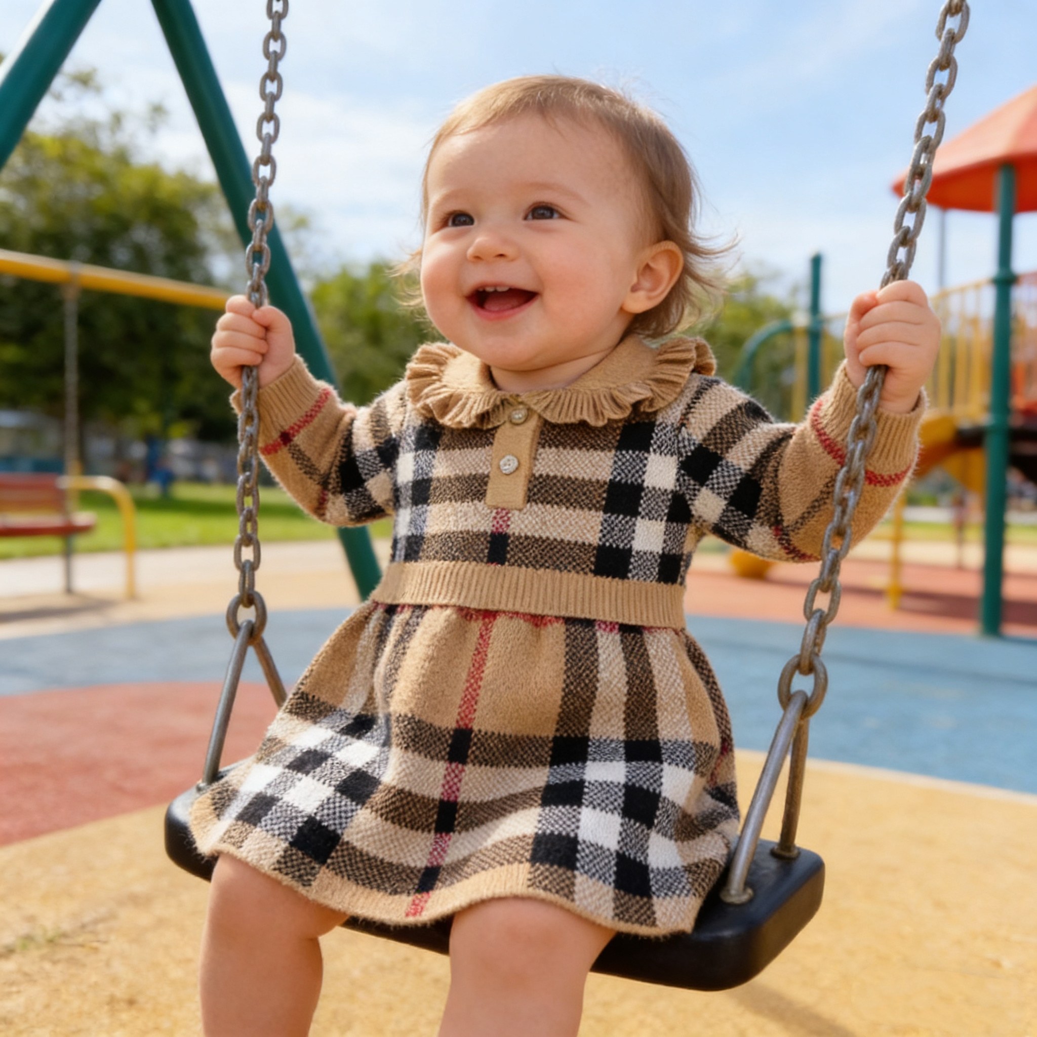 Burberry Baby Girls Vintage Check Ruffle Collar Long Sleeve Knit Waisted Dress Sizes 80-120