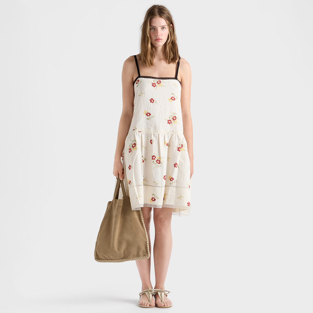 PRADA Ruby Red Embroidered Linen Mini-dress With Floral Motif #388656