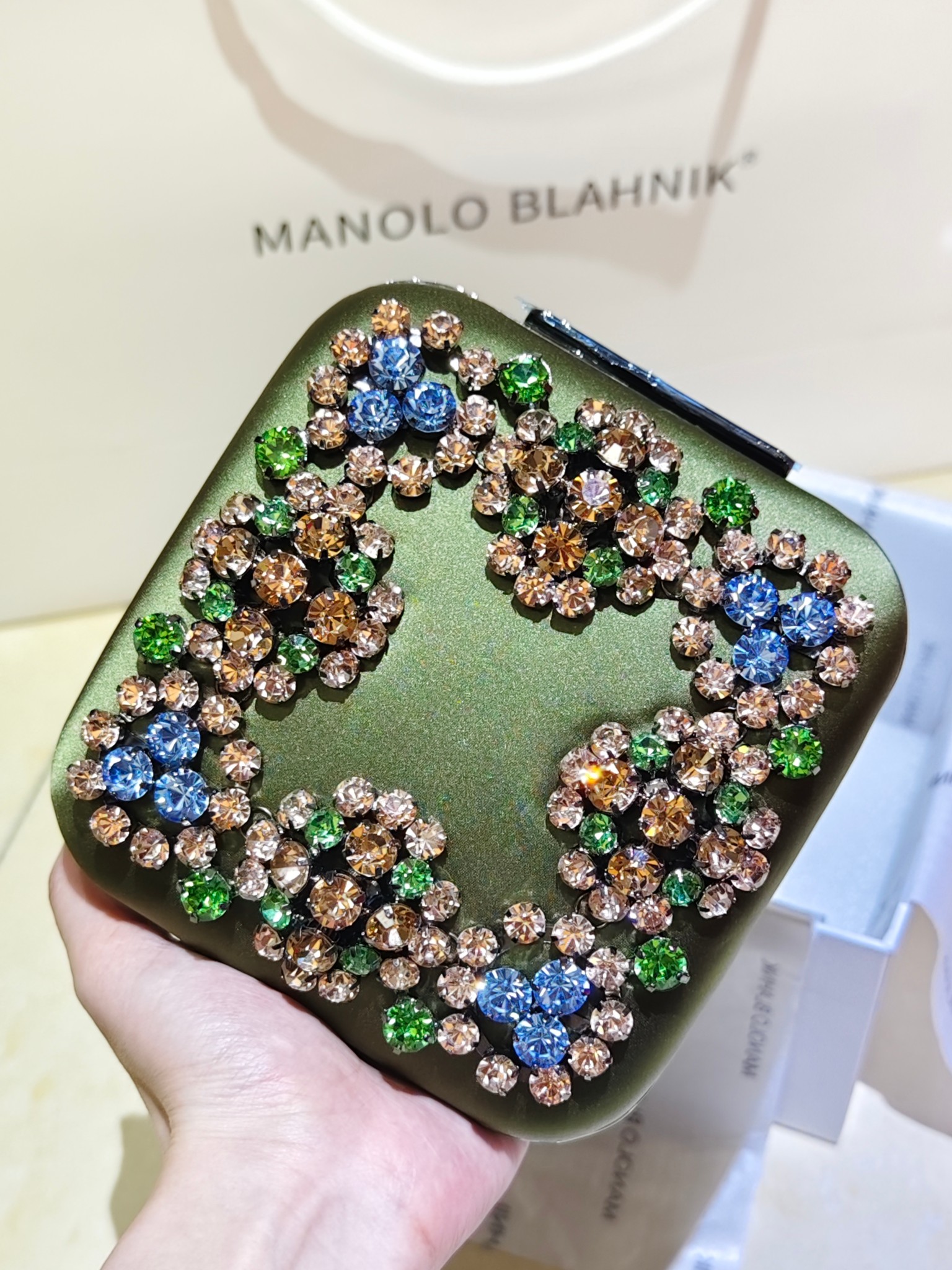 [TOP] MANOLO BLAHNIK Lace-patterned Square Bag 15.8*17*7.3cm - Green - 711 Luxury