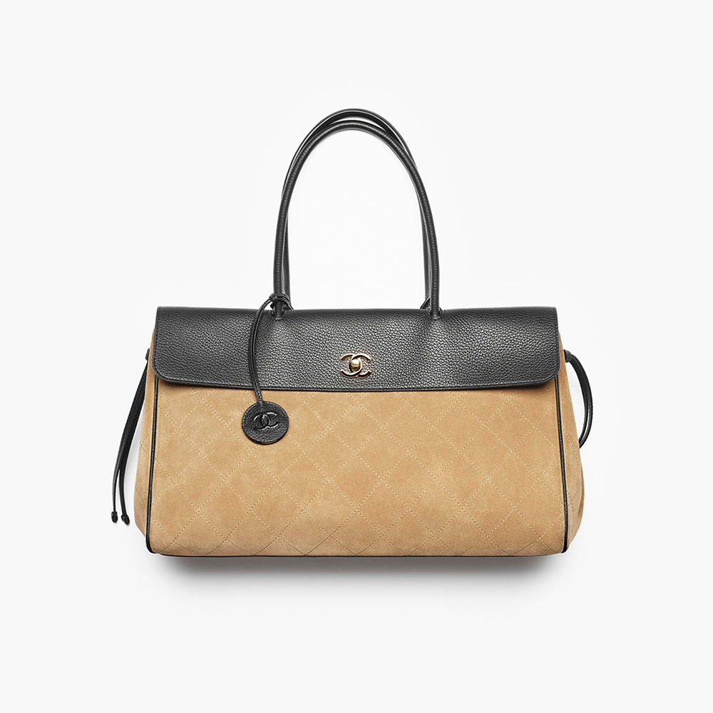 Chanel black Bag CHANEL Shopping Bag Suede Calfskin Grained Calfskin Gold-tone Metal Dark Beige Black #395012 | Nigo Office