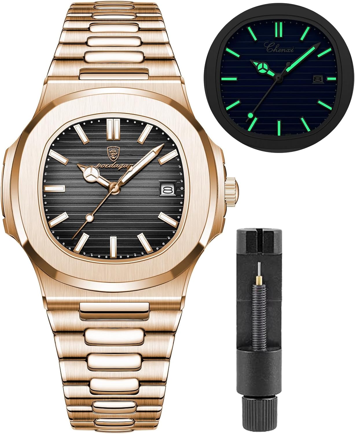 Gosasa Mens Stainless Steel Watch, Quartz Analog Watches for Men with Date, Waterproof Luminous Business Dress Wristwatch, Classic Casual Fashion Watch for Men