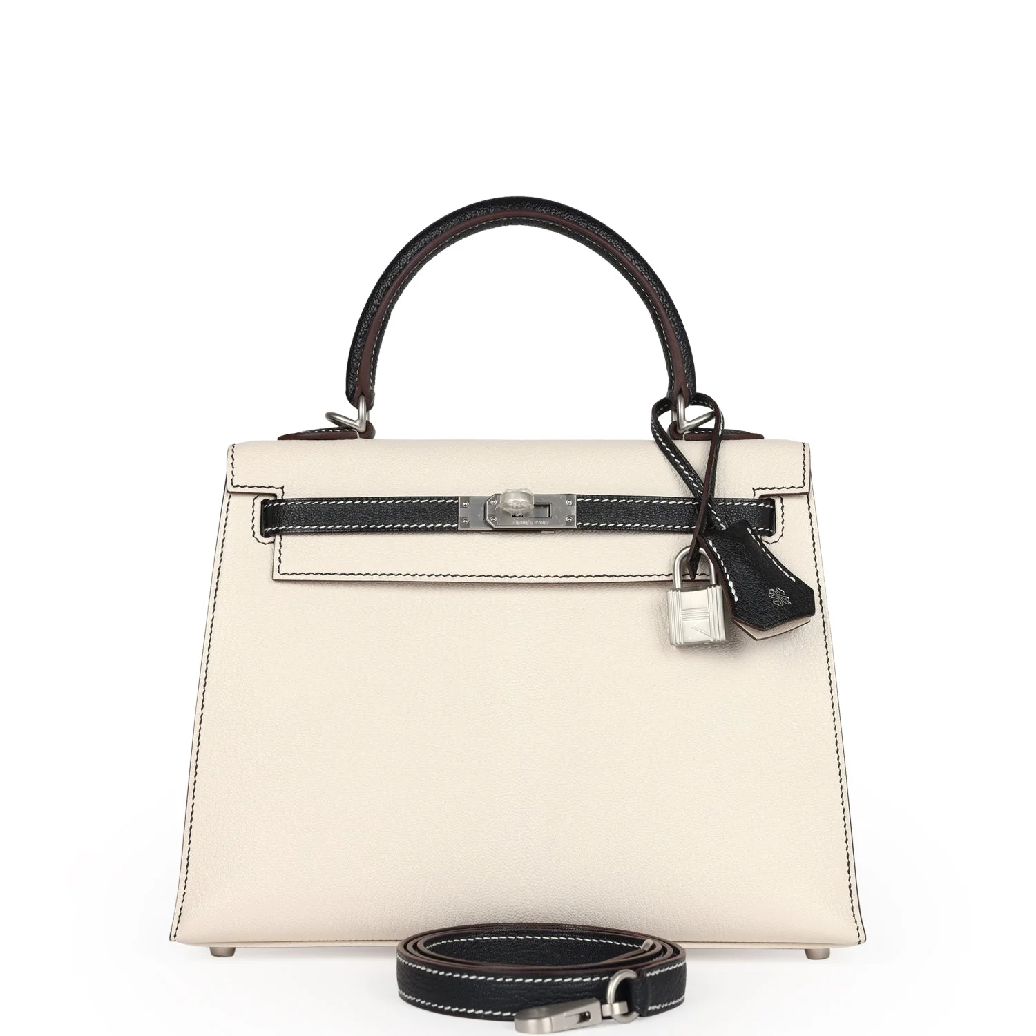 Hermes Special Order (HSS) Kelly Sellier  Nata and Black Chevre Mysore Brushed Palladium Hardware