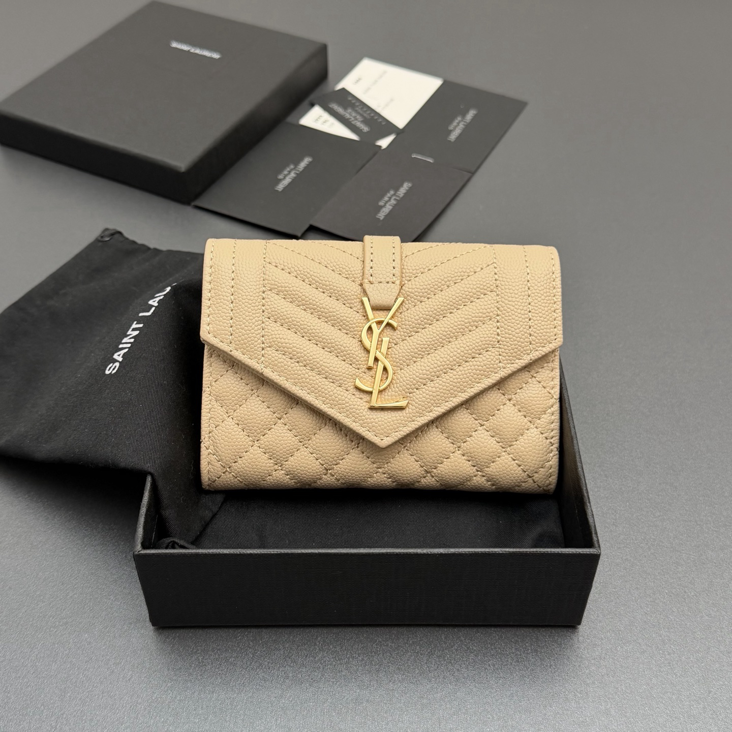 [TOP] Yves Saint Laurent YSL Matelasse Card Holder 13.5x9.5x3cm - Apricot & GHW - 711 Luxury