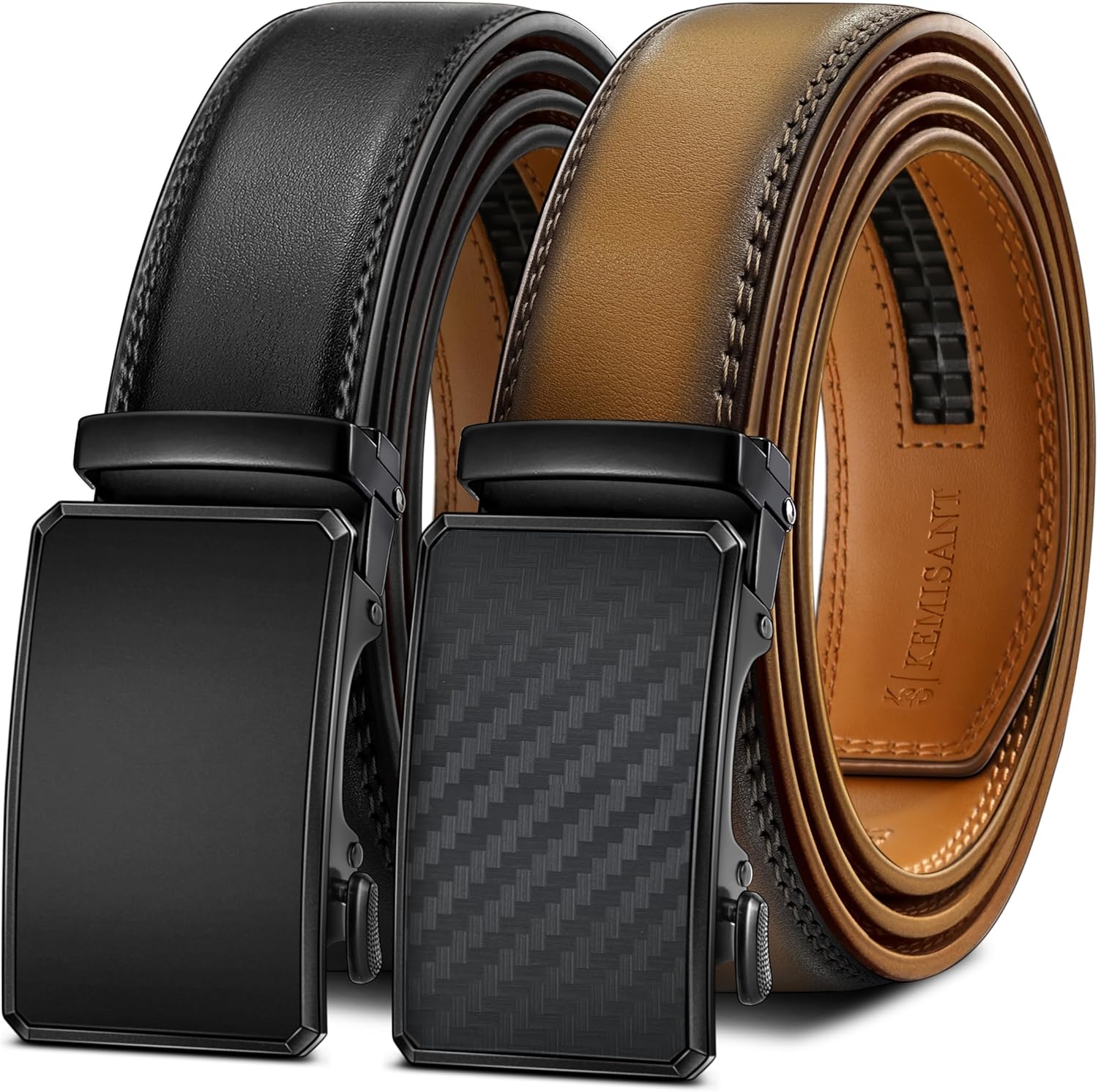 KEMISANT Men Belt 2 Pack, Leather Ratchet Belt Easy Click Slide For Men 1 3/8,Cut for Fit