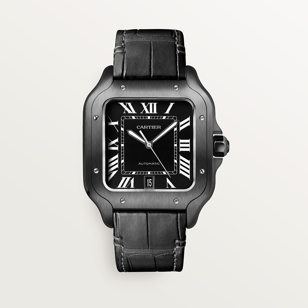 Cartier black Clothing Cartier Large Santos de Cartier Steel Watch with Black Dial #395858 | Nigo Office