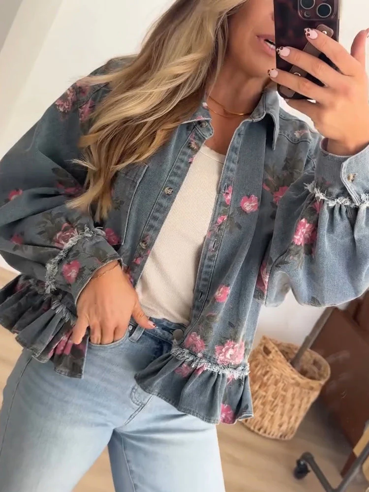 Women Lapel Printed Casual Denim Jacket
