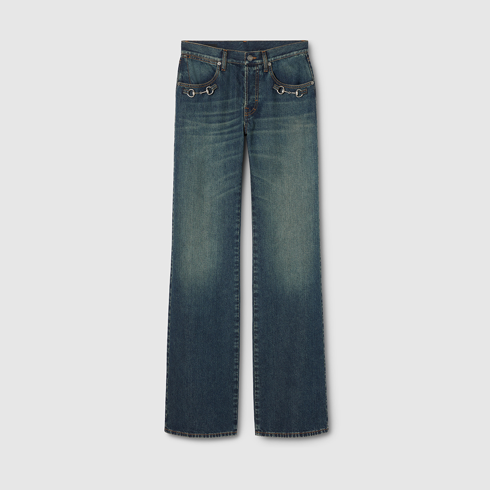 GUCCI Cotton Denim Pants With Horsebit in Blue #386913