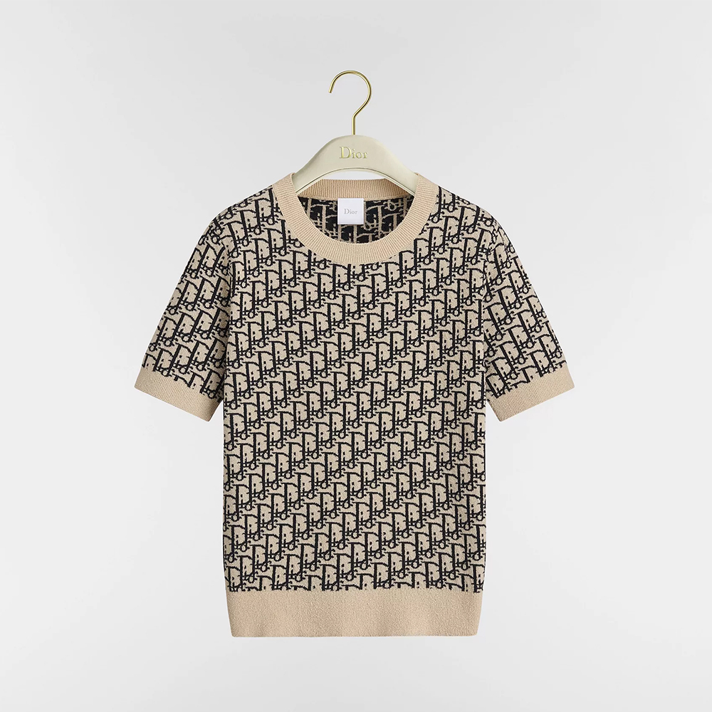 DIOR Top-quality Version Dioriviera Short-sleeved Sweater Beige Soft Dior Oblique Cotton Blend Jacquard #381747