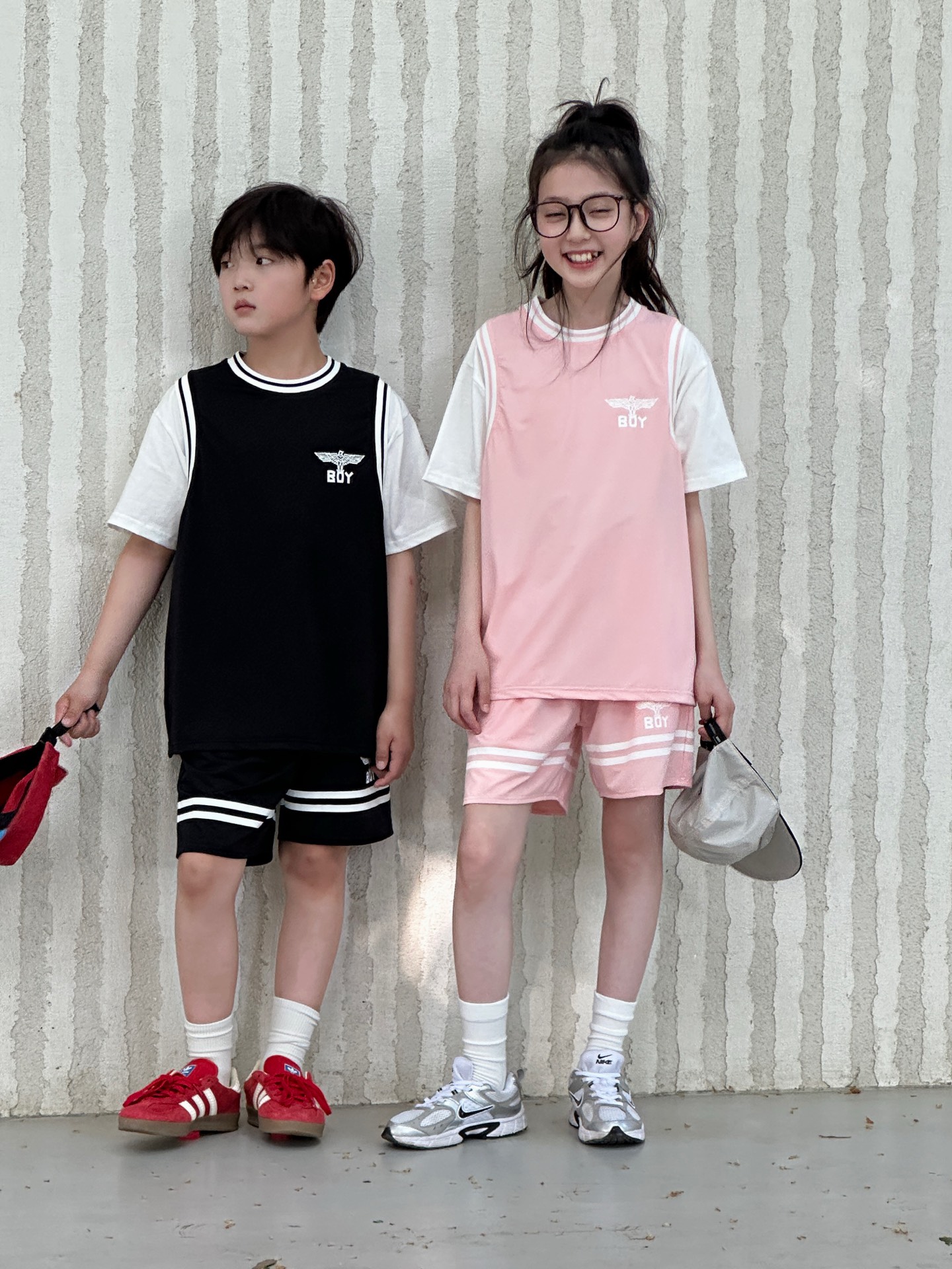 Boy London Unisex Kids Black Pink Eagle Logo Two Piece Basketball Jersey & Striped Shorts Set Boys Girls Sizes For Teenagers