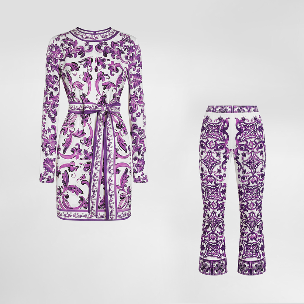 Dolce & Gabbana Clothing Dolce & Gabbana Majolica-print Charmeuse Dress and Silk Trousers #323008 | Nigo Office