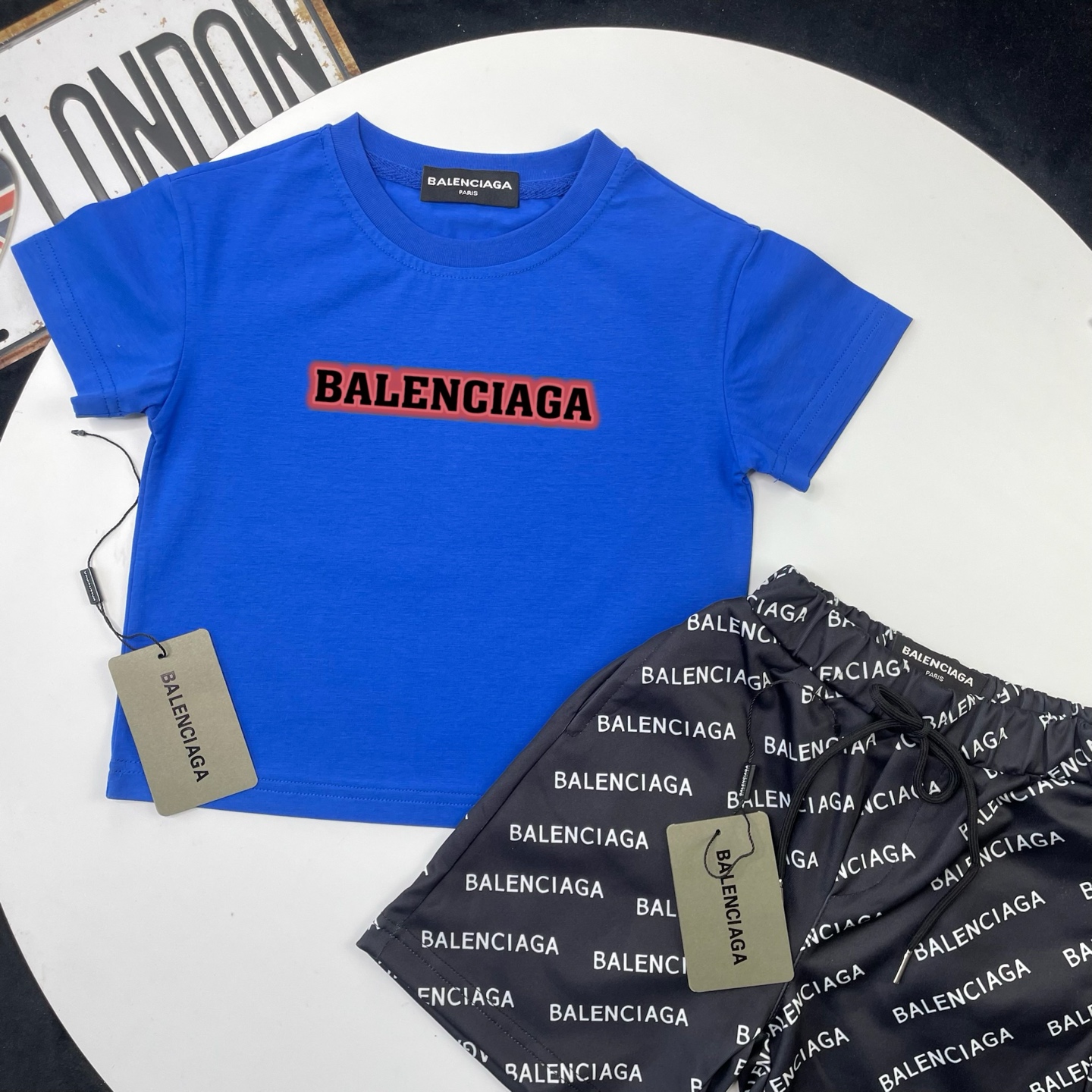 Balenciaga Unisex Kids Red Border Logo Print Short Sleeve T-Shirt & All Over Letter Print Casual Shorts 2 Piece Outfit Boys Girls Sizes 90-150