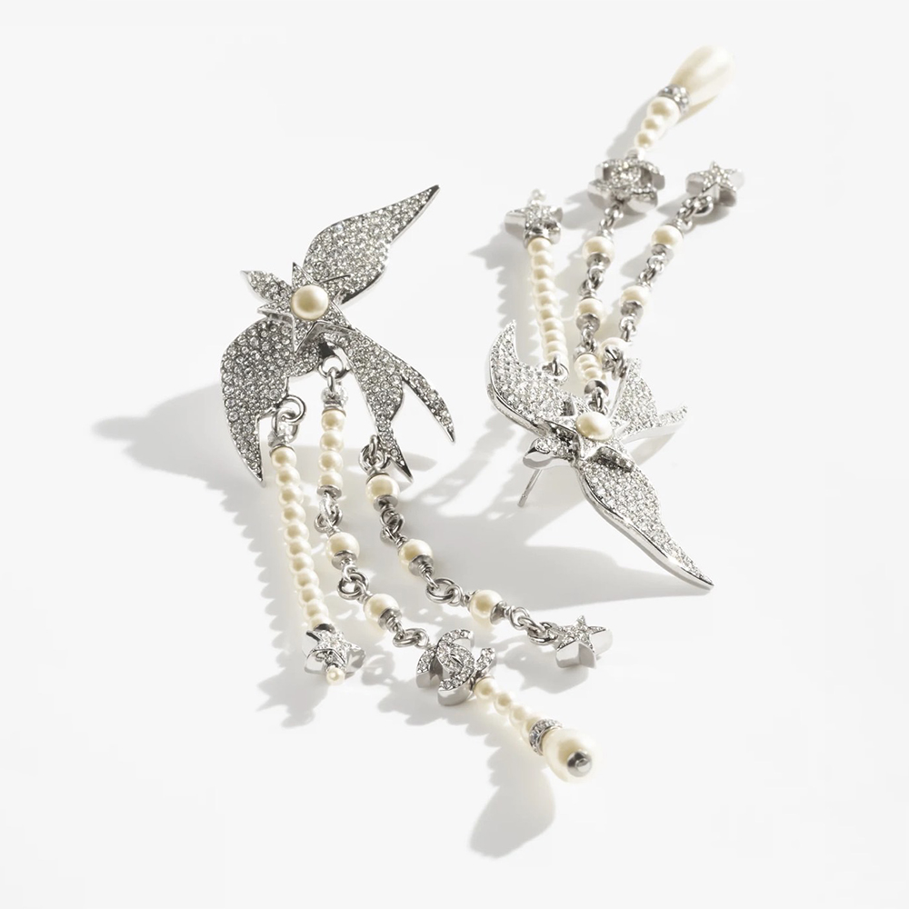 Chanel white Jewelry Chanel Pearl Crystal CC StarBird Drop Earrings Silver Pearly White #387523 View 2 | Nigo Office