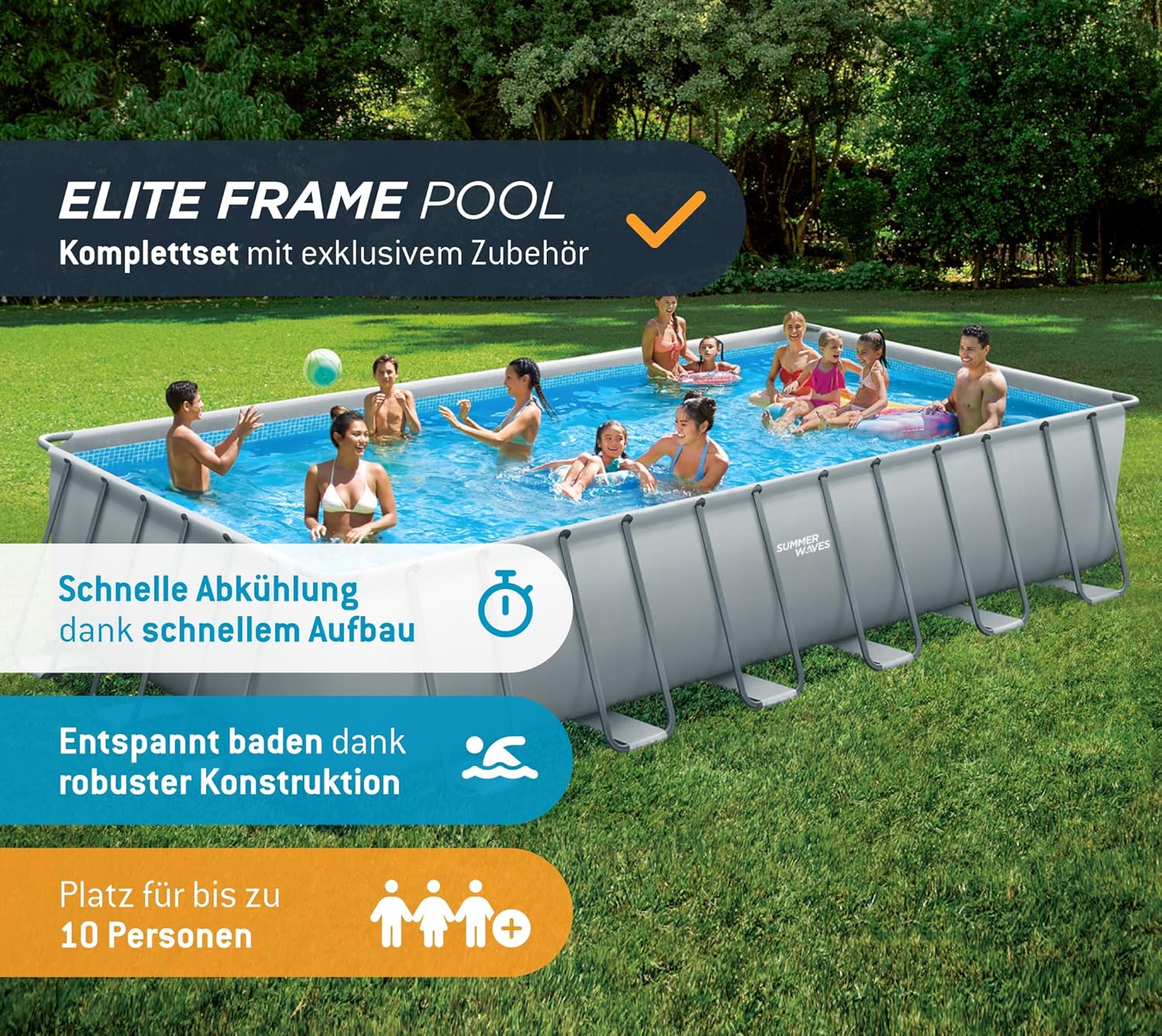 Summer Waves Frame Pool Complete Set. Rectangular 732 x 366 x 132 cm. Grey