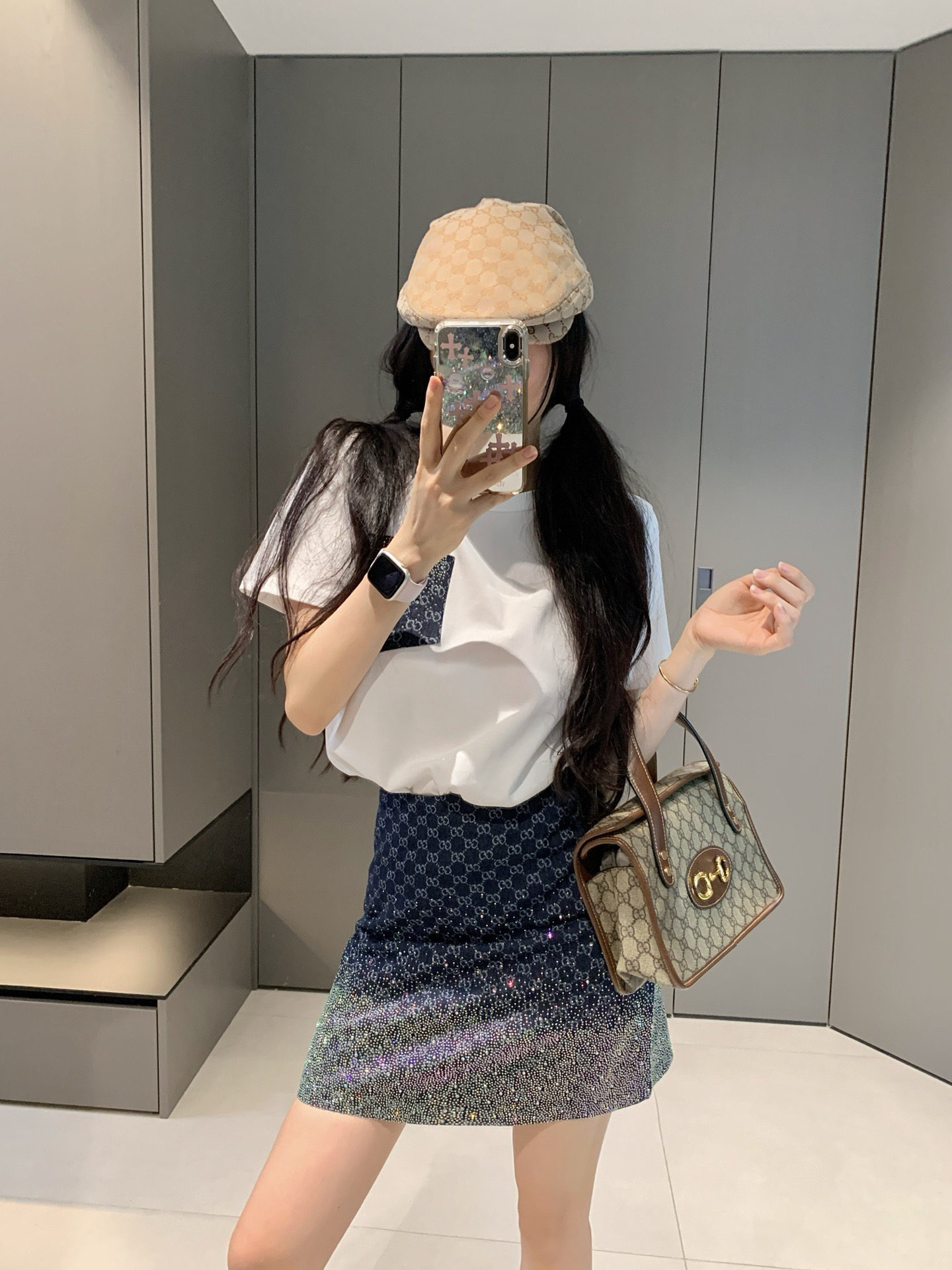 [TOP] GUCCI T-shirt + Skirt Set - White/Navy Blue