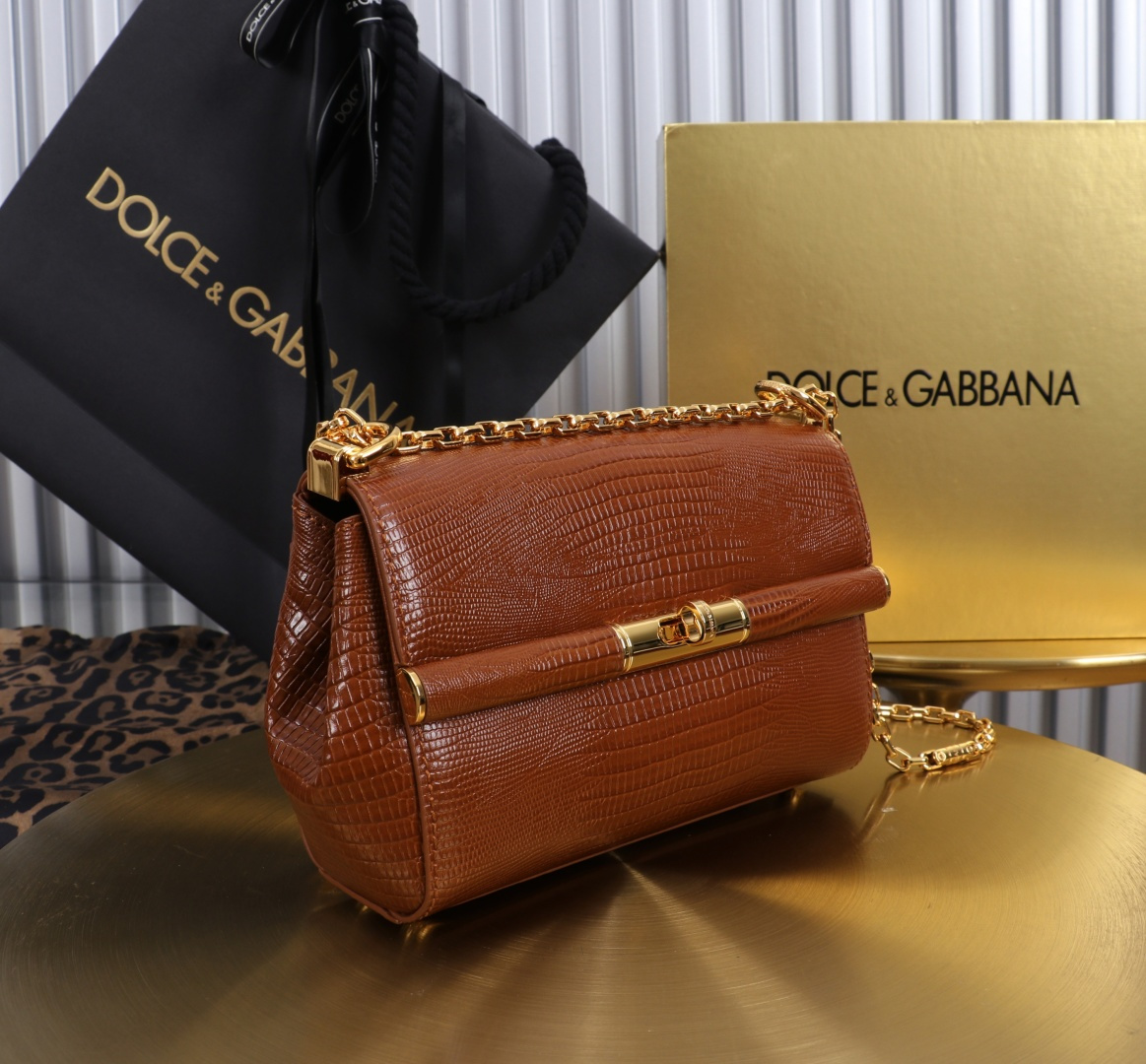[TOP] Dolce & Gabbana D&G Shoulder Bag with Lizard Print 18x10.6x7cm - Brown - 711 Luxury