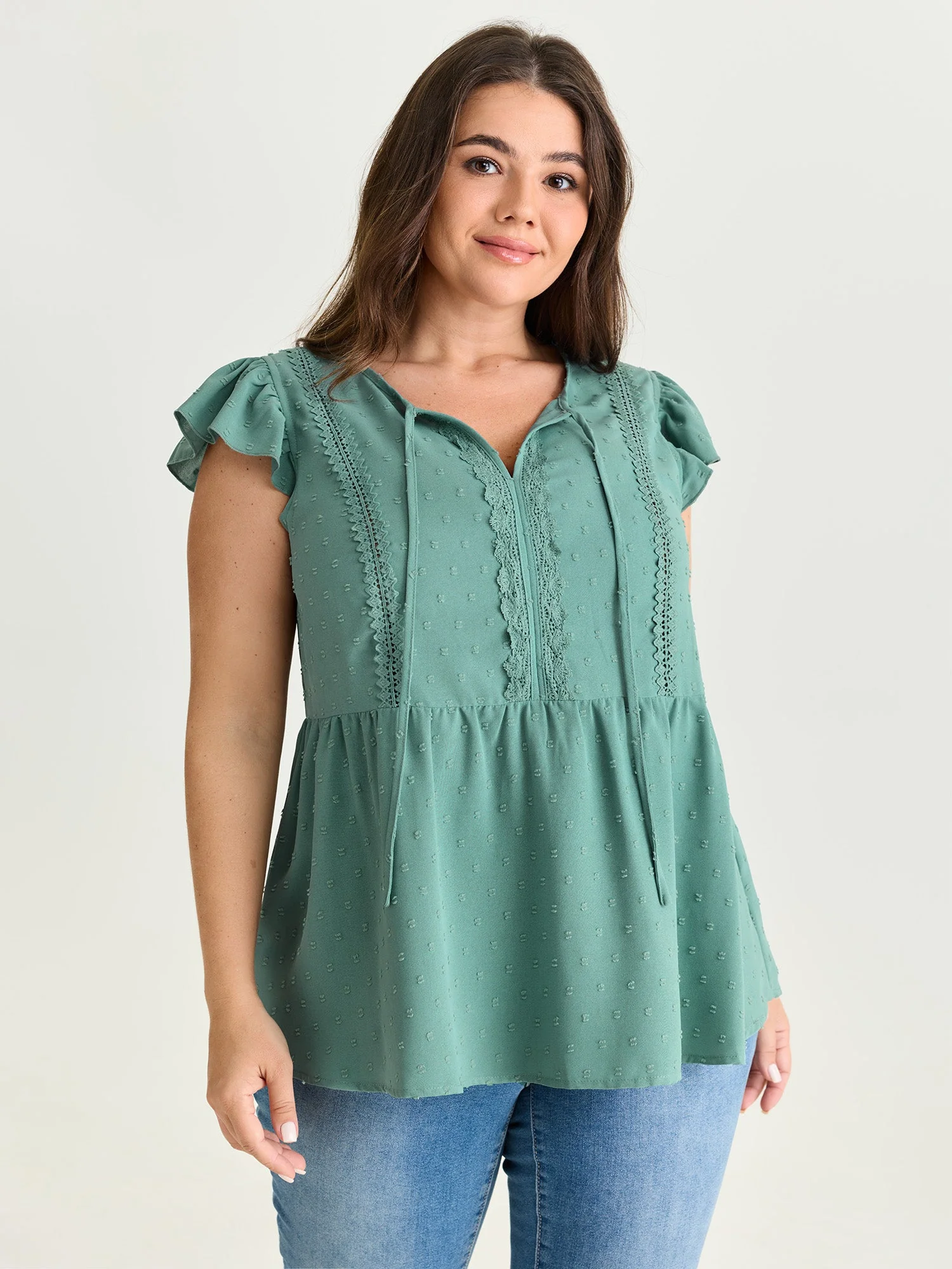 Textured Lace Panels Keyhole Neckline Blouse
