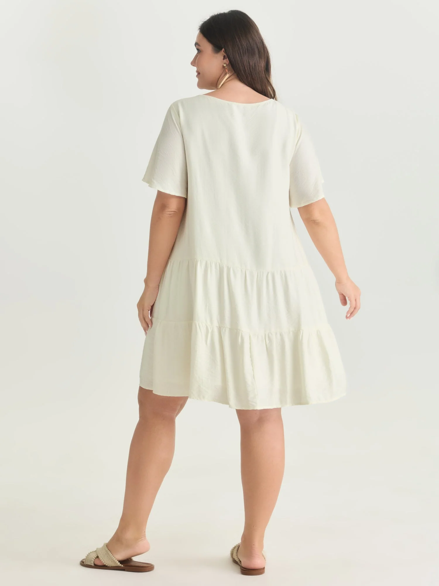 Lace Drawstring Neckline Tiered Mini Dress