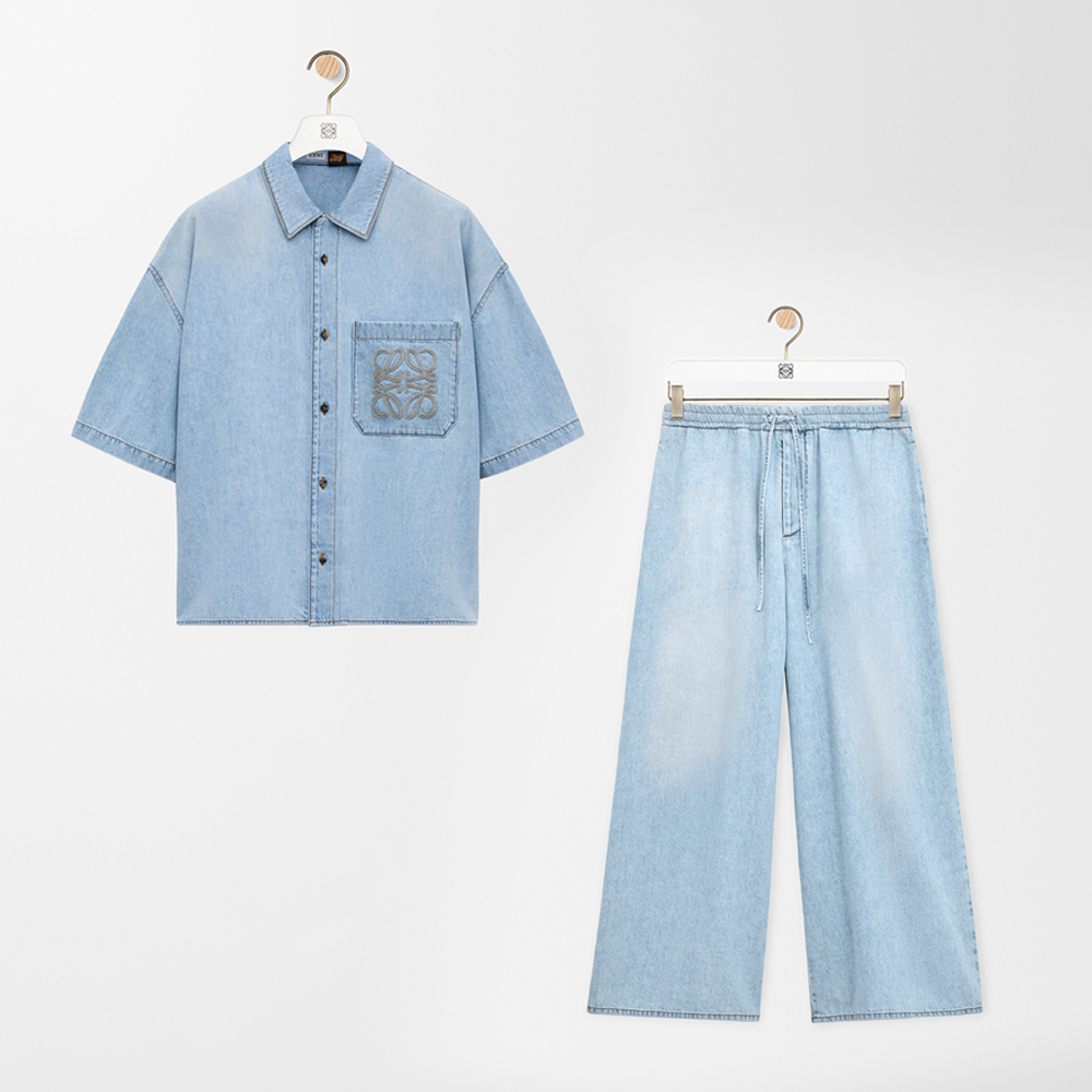 LOEWE Short Sleeve Shirt and Drawstring Trousers in Denim Blue #393064