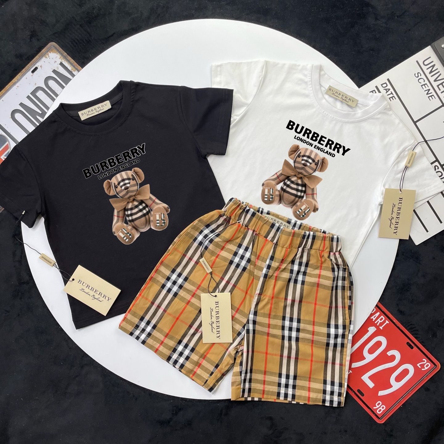Burberry Unisex Kids Bear Print Short Sleeve T Shirt & Vintage Check Elastic Waist Shorts Two Piece Matching Set Boys Girls Sizes 90-150,