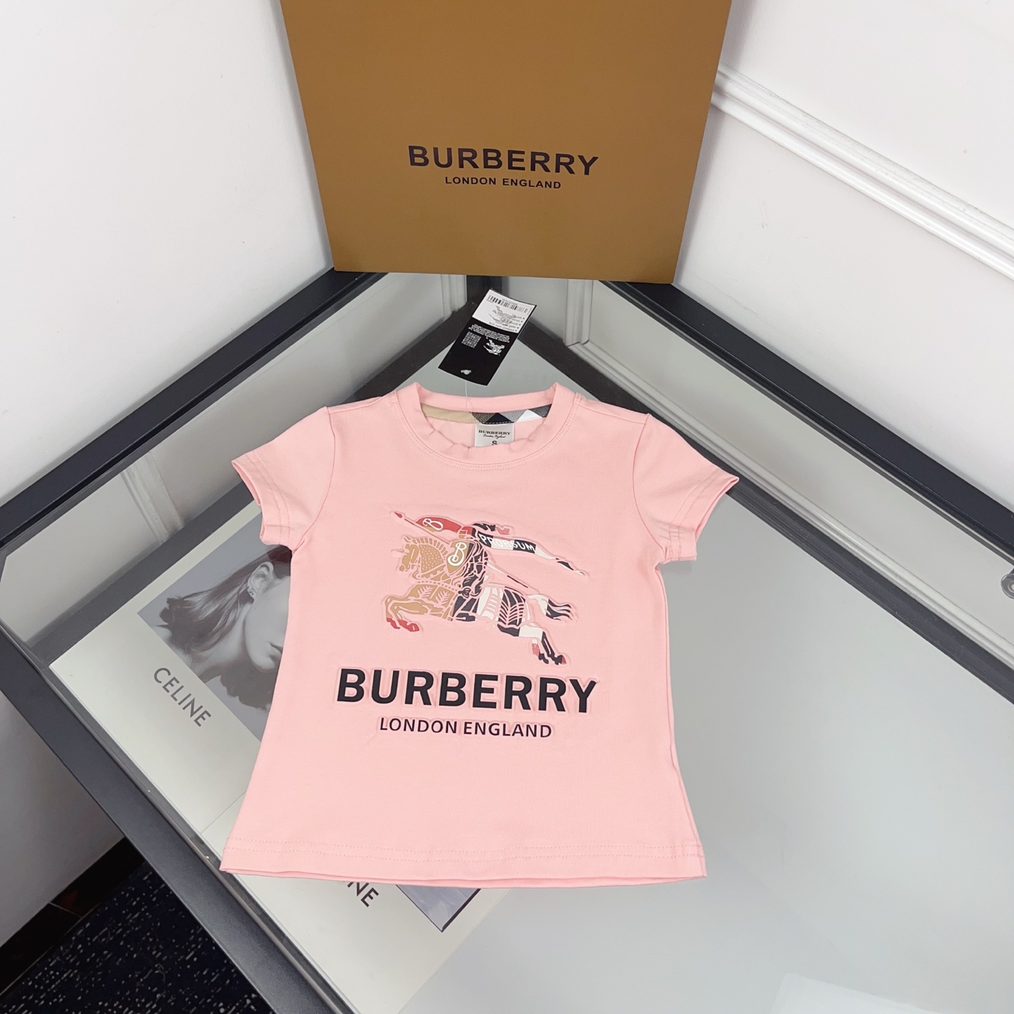 Burberry Girls Pink Color Equestrian Knight Letter Logo Crew Neck Cotton Short Sleeve T-Shirt Kids Sizes 90-130