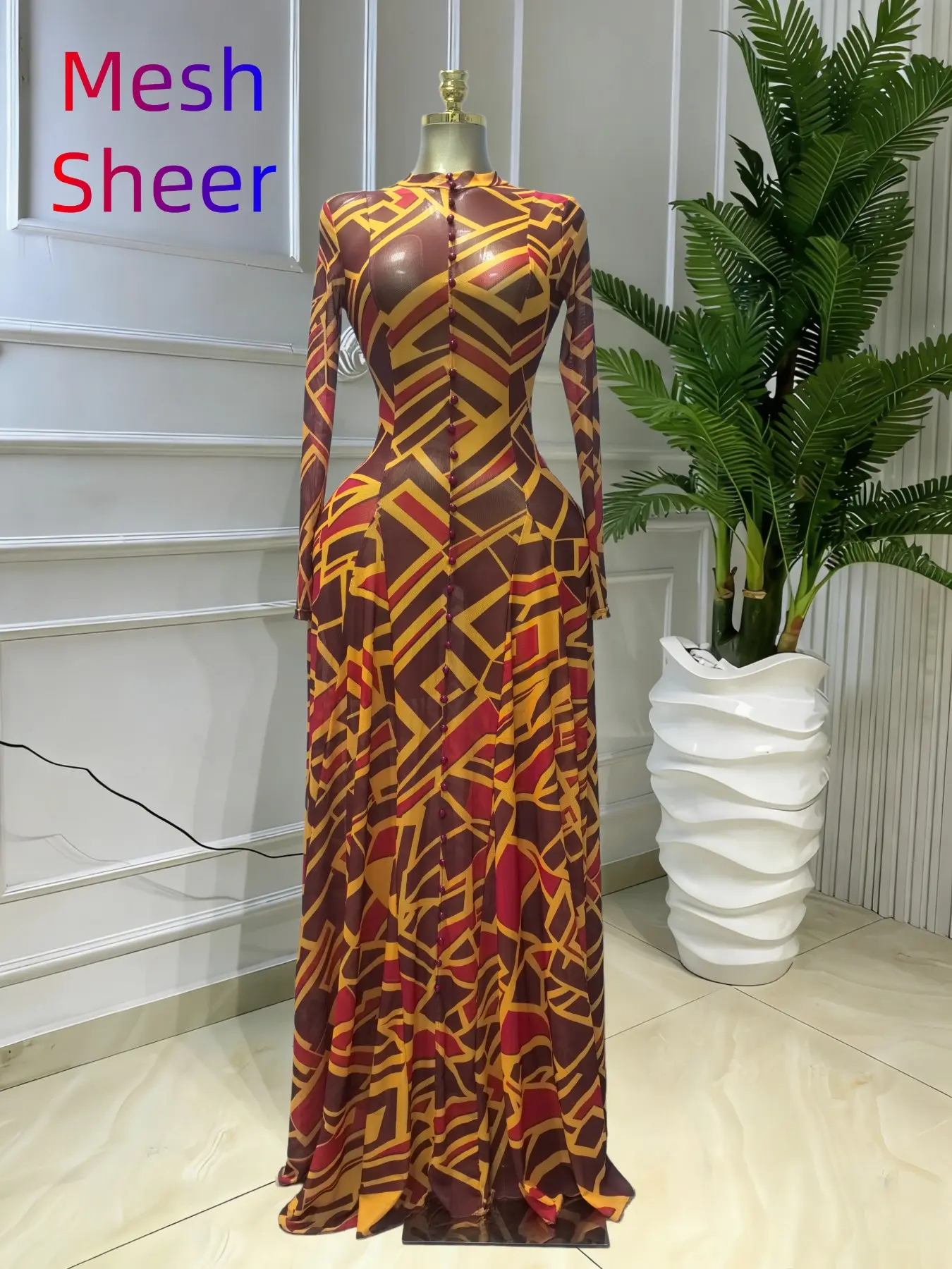 Women's O-Neck Long Sleeve Woven Maxi Dress, Tie-Dye Print, Romantic Valentine's Day Party Outfit Gown, Sexy Mesh Sheer Dress, Spring Sexy Club Street Evening Wear Lady Skirts