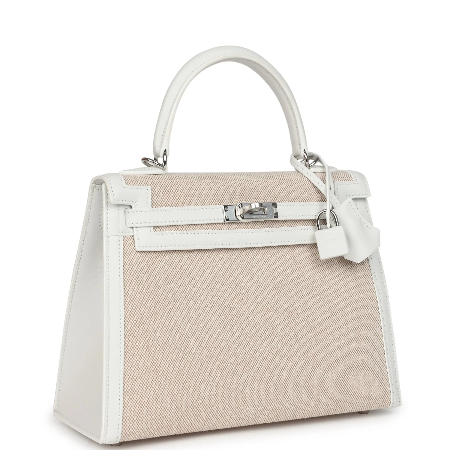 Hermes Kelly Sellier  New White Swift and Ecru-Beige Toile H Canvas Palladium Hardware