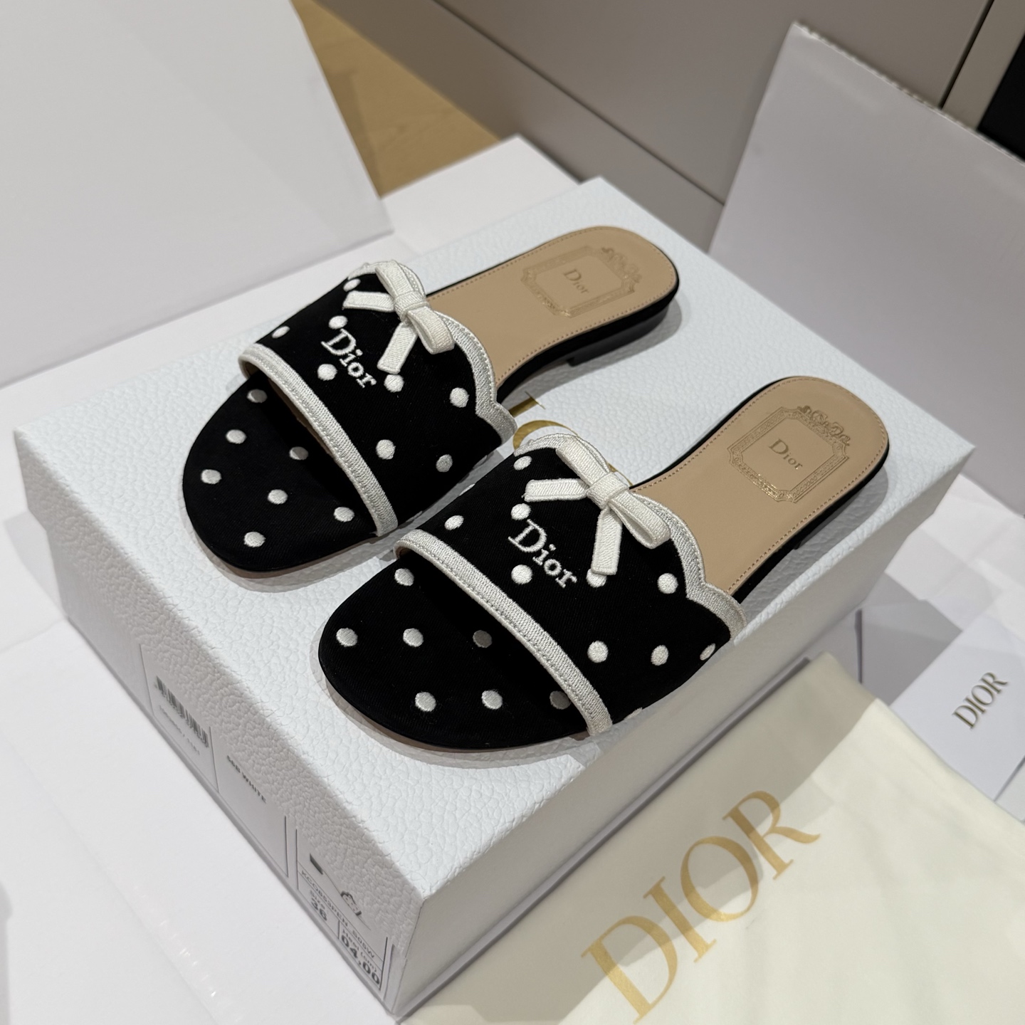 Dior black Shoes DIOR Dway Slide Black Cotton Embroidered with White PolkaDior Motif #395839 View 2 | Nigo Office