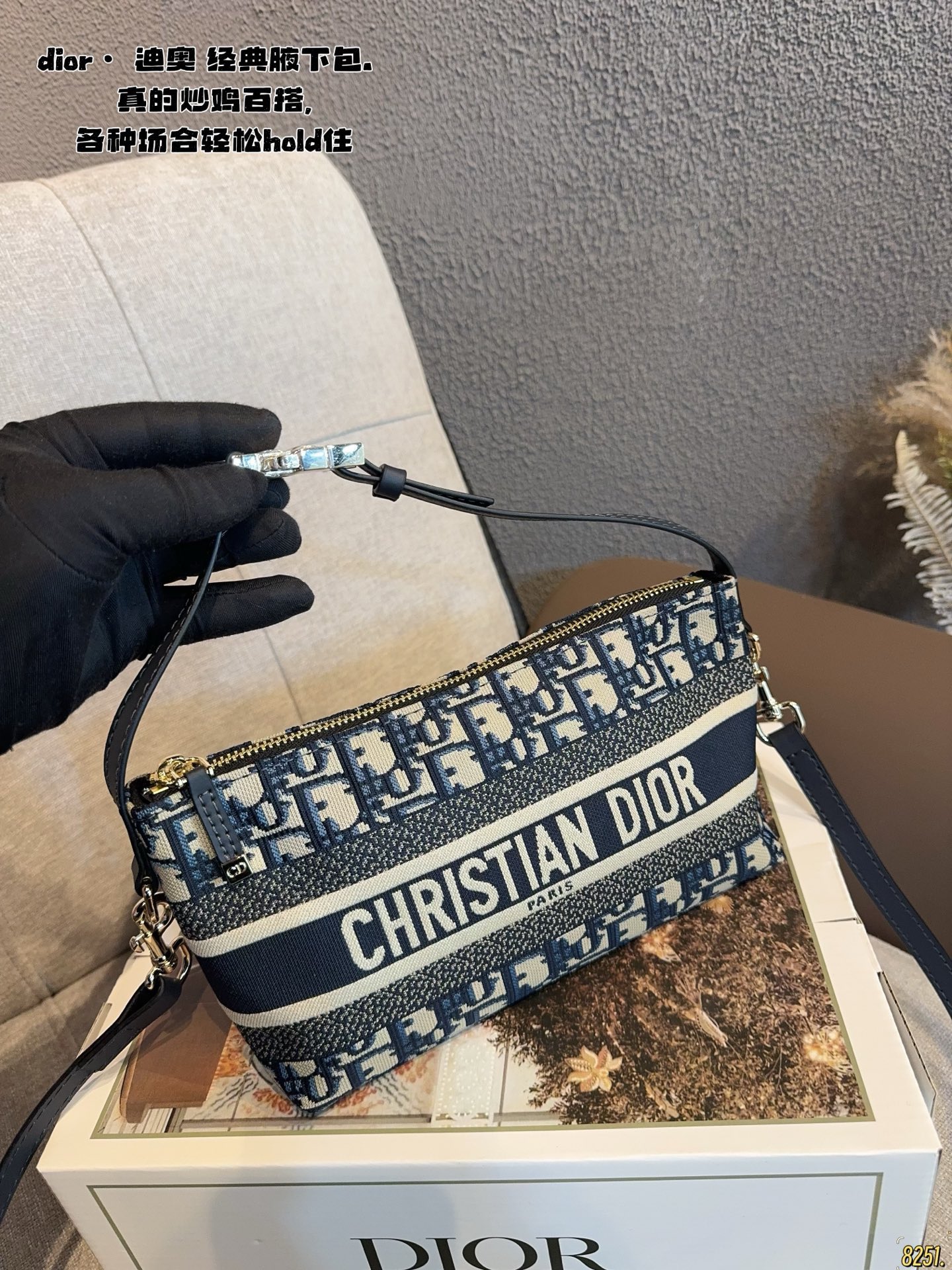 Dior Canvas Underarm Bag with Zipper Closure and Detachable Strap (Replica)