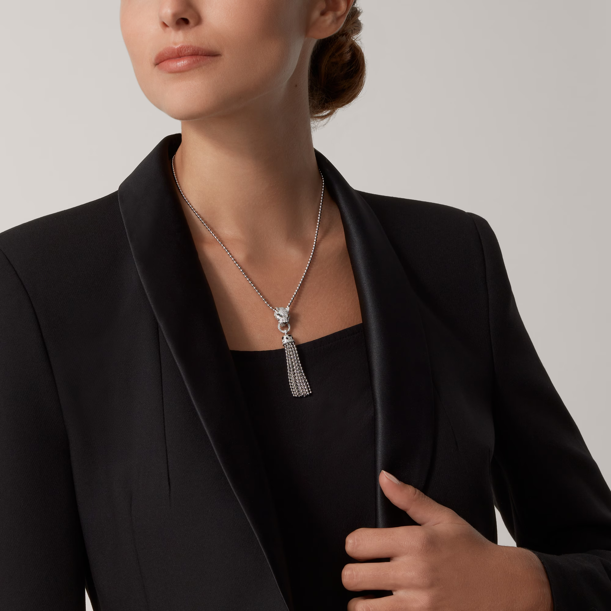 Carty Panther Pure Necklace, White Gold, Half Paved