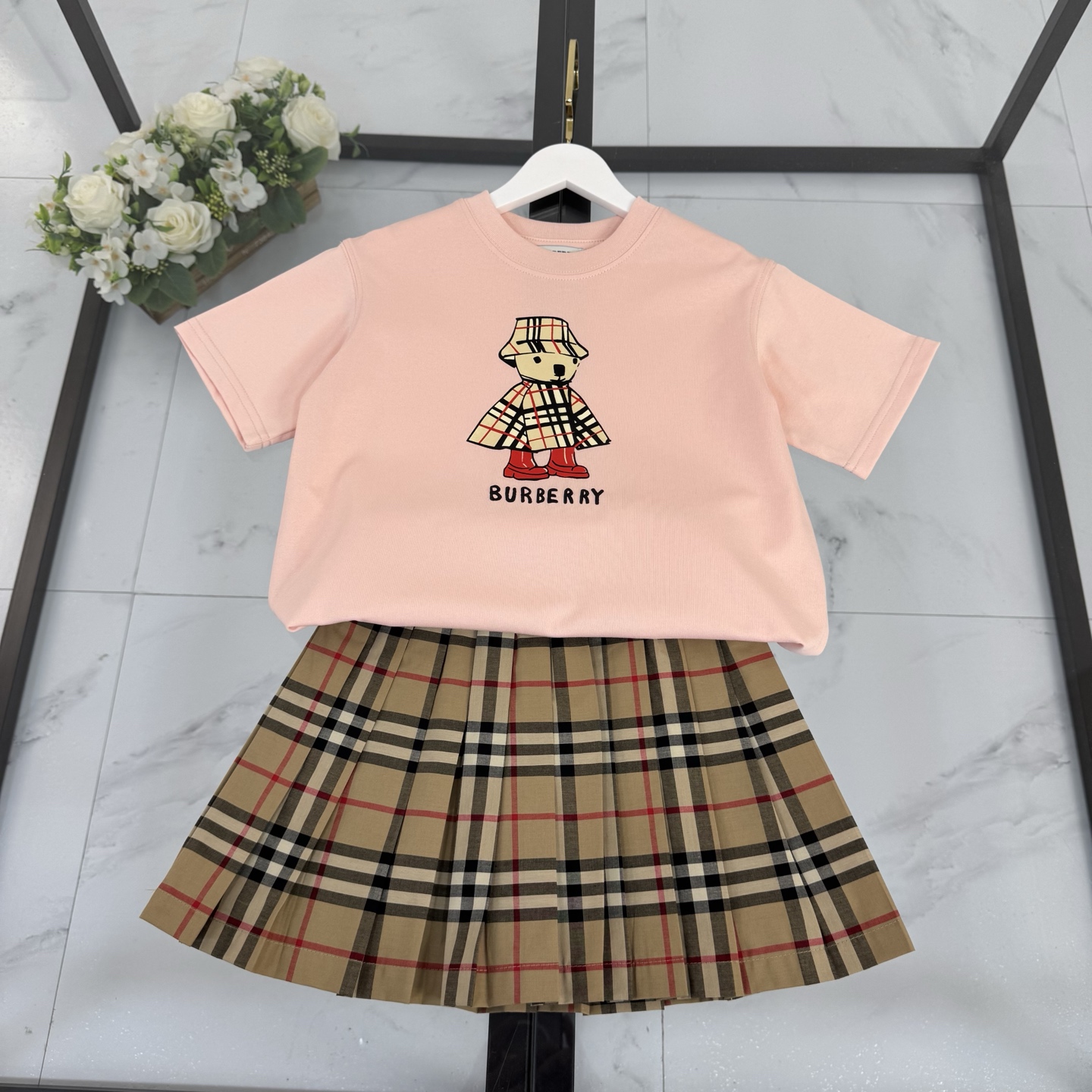 Burberry Girls Pink Cartoon Bear Print Short Sleeve T-Shirt & Vintage Plaid Elastic Waist Pleated Skirt Two Piece Set Kids Sizes 100-160