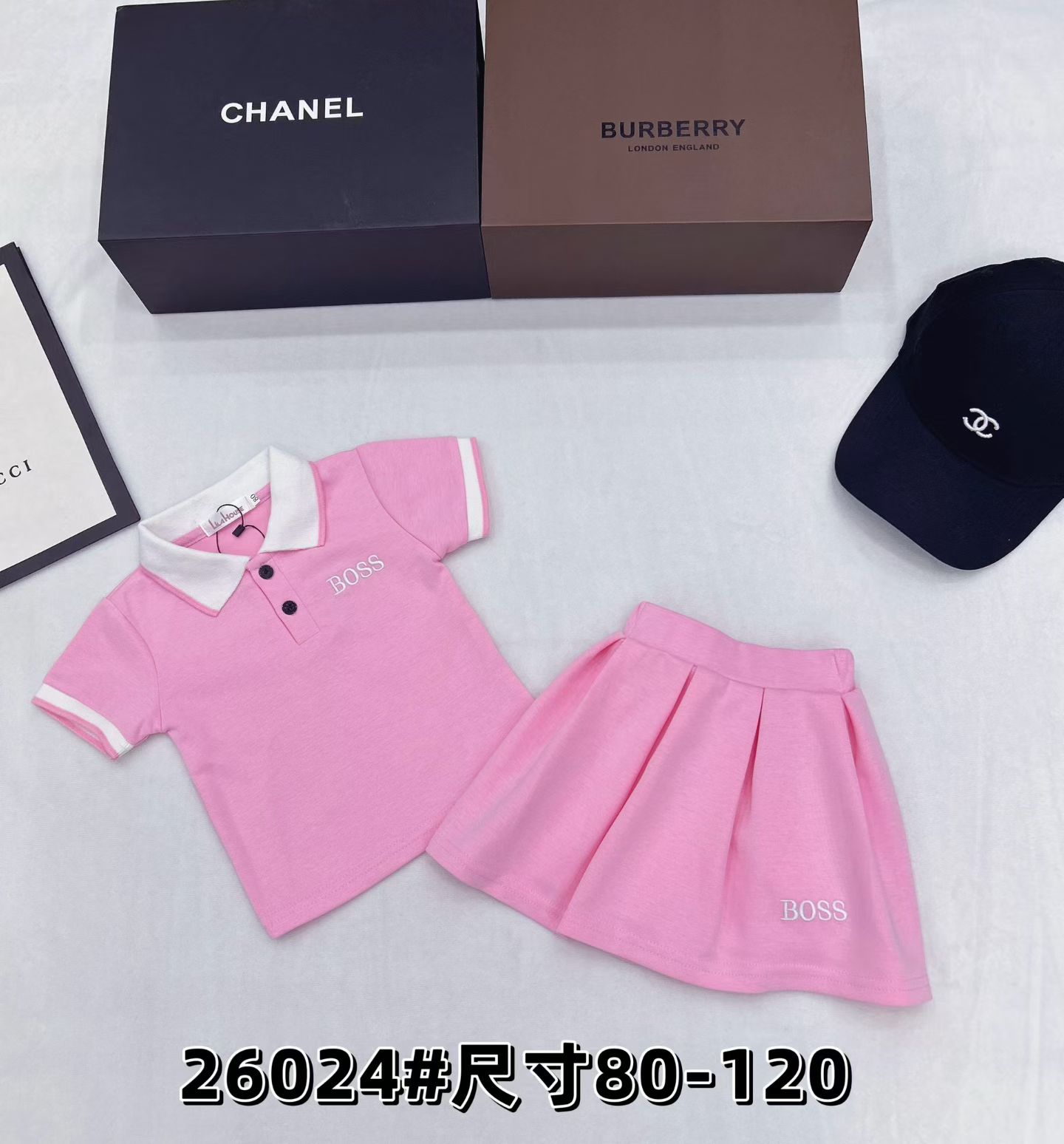 Boss Little Girls Navy Pink White Contrast Collar Short Sleeve Polo Top & Pleated Skirt Set Sizes 80-120