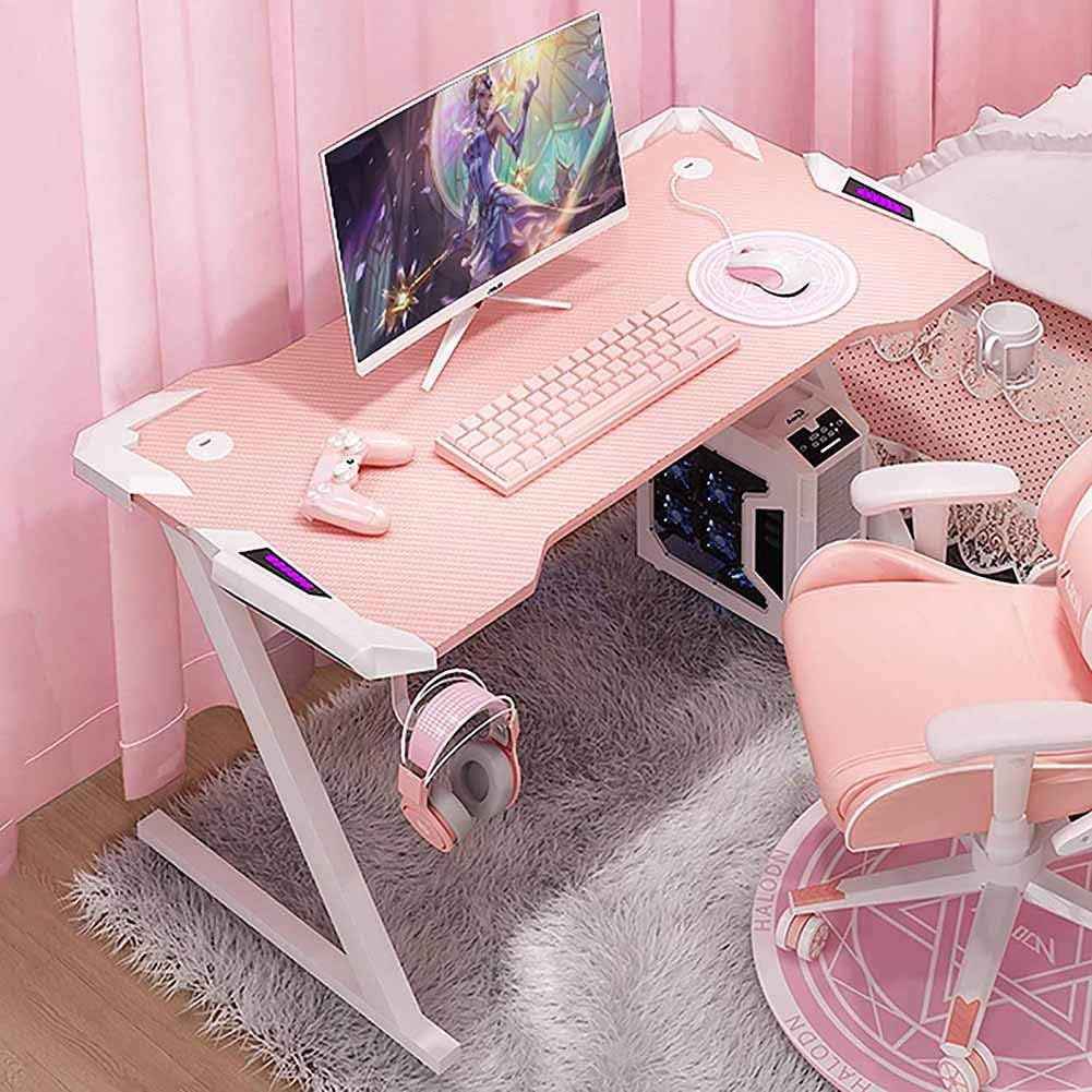 KANBUN Desktop Computer Game Table, Pink E-Sports Table, Office Game Table, Home Study Desk, Wide Carbon Fiber Desktop, Ergonomic Computer Table,Pink,120 * 60 * 75cm